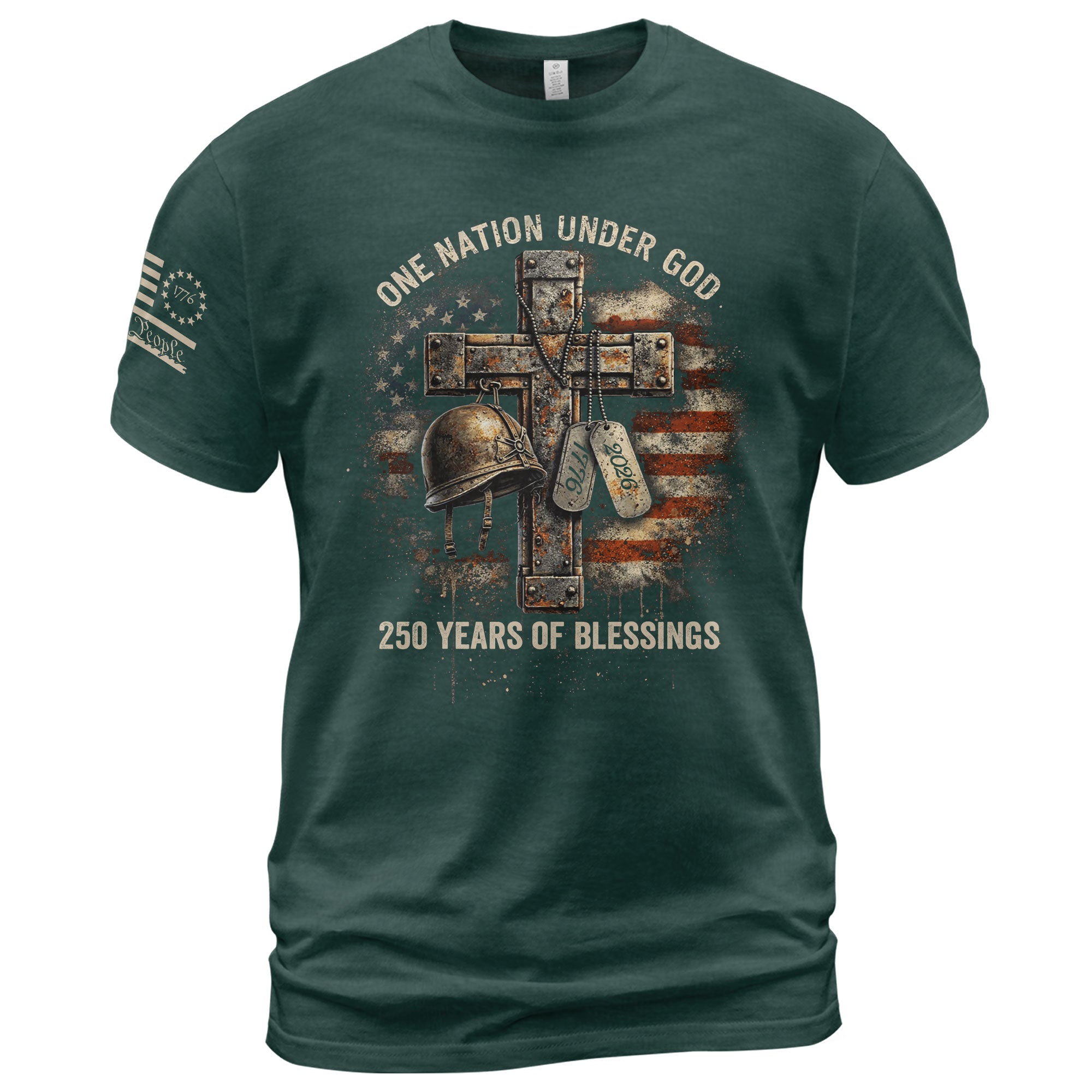 America 250th Anniversary T-Shirt 1776-2026 – Veteran Christian Cross & Dog Tags Tee - Rust Field Wear