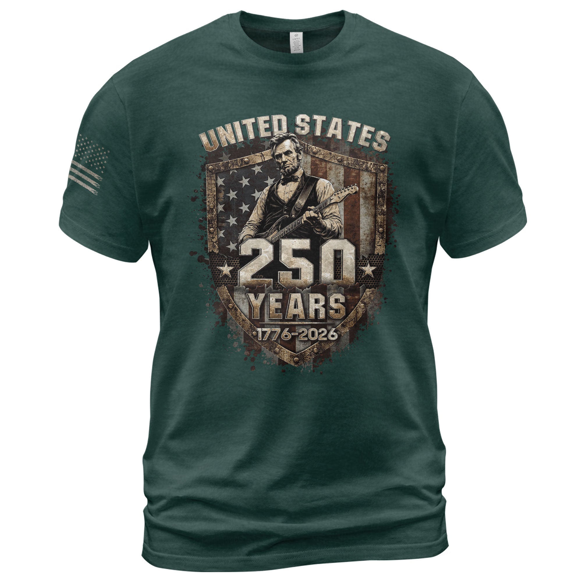 Rustic Shield Lincoln Guitar Shirt Vintage 1776 2026 US Flag Patriotic Grunge Men Tee - Rust Field Wear