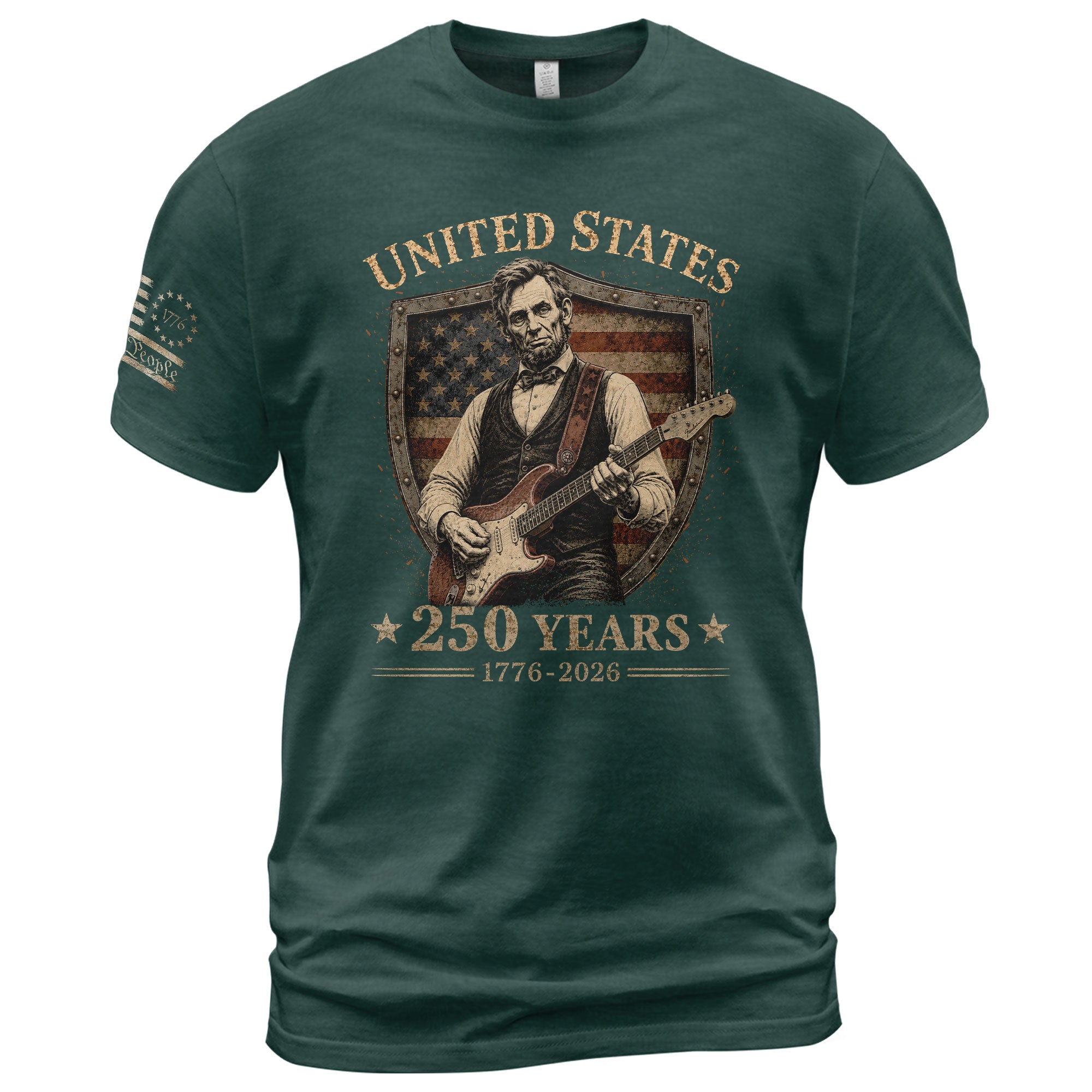 Patriotic Shield Lincoln Guitar Shirt We The People Vintage 1776 2026 US Flag Men Tee - Rust Field Wear