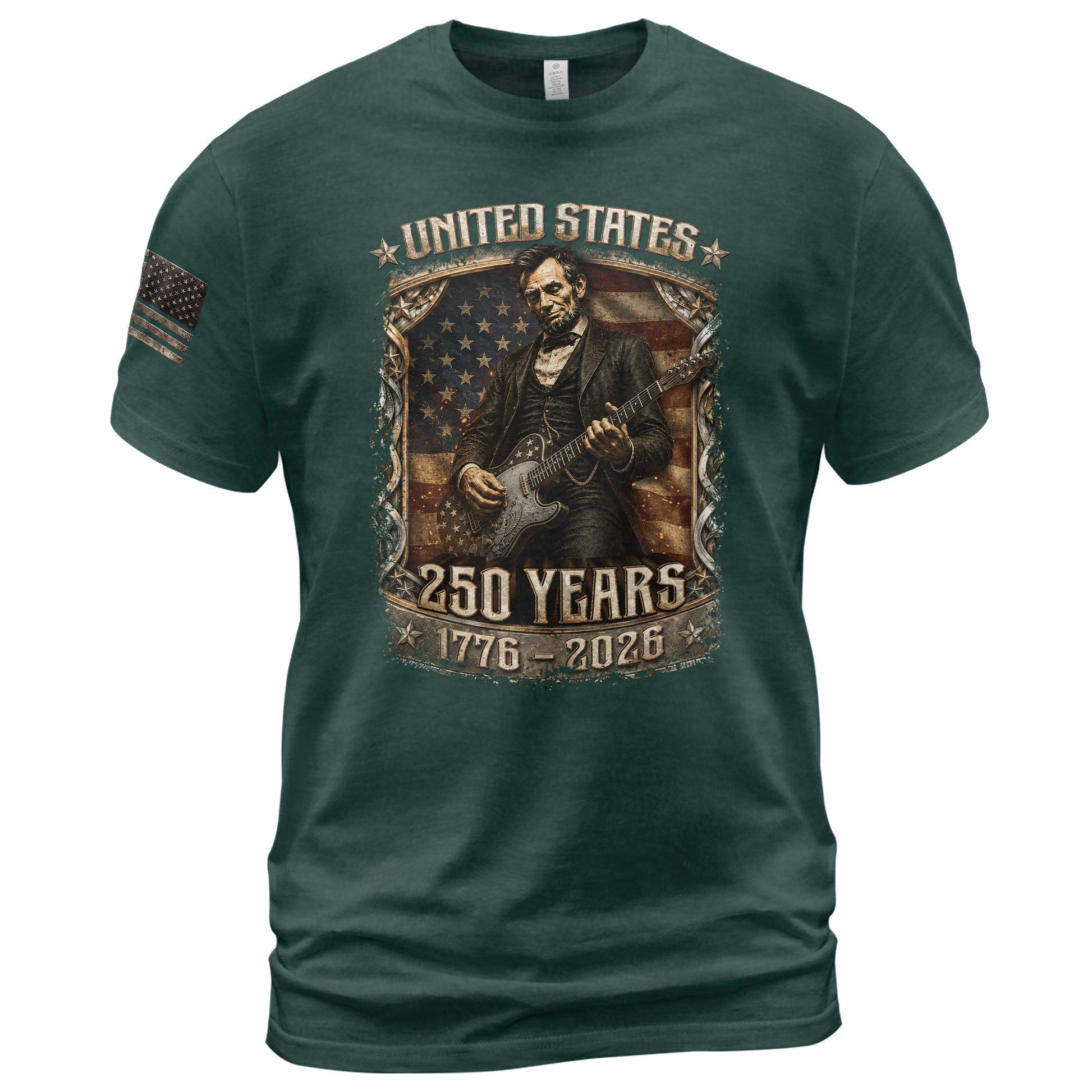 Abraham Lincoln T-Shirt Playing Guitar 1776 2026 Patriotic US Flag Retro Graphic Tee - Rust Field Wear