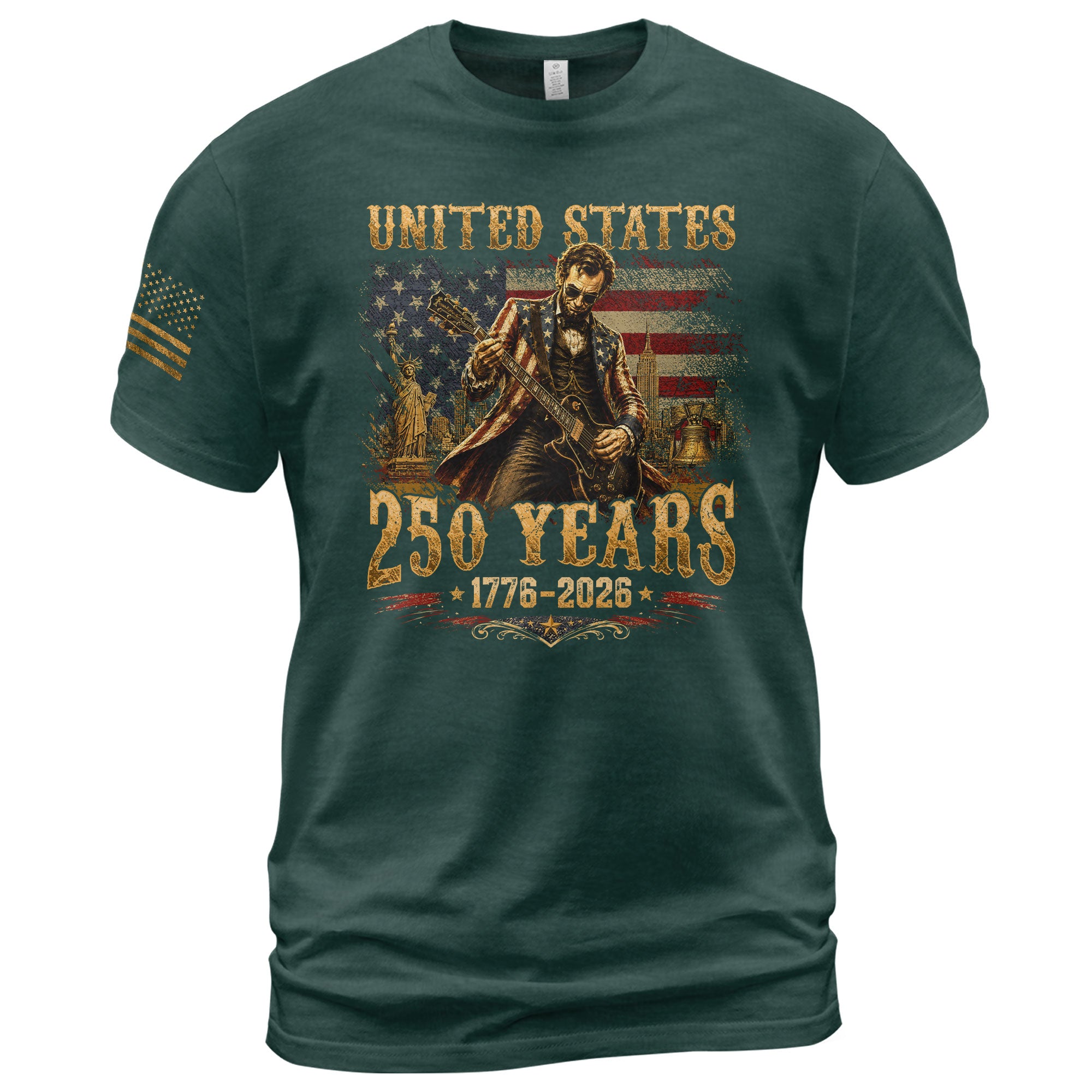 Abraham Lincoln T-Shirt Playing Guitar 1776 2026 Patriotic Statue Liberty Graphic Tee - Rust Field Wear