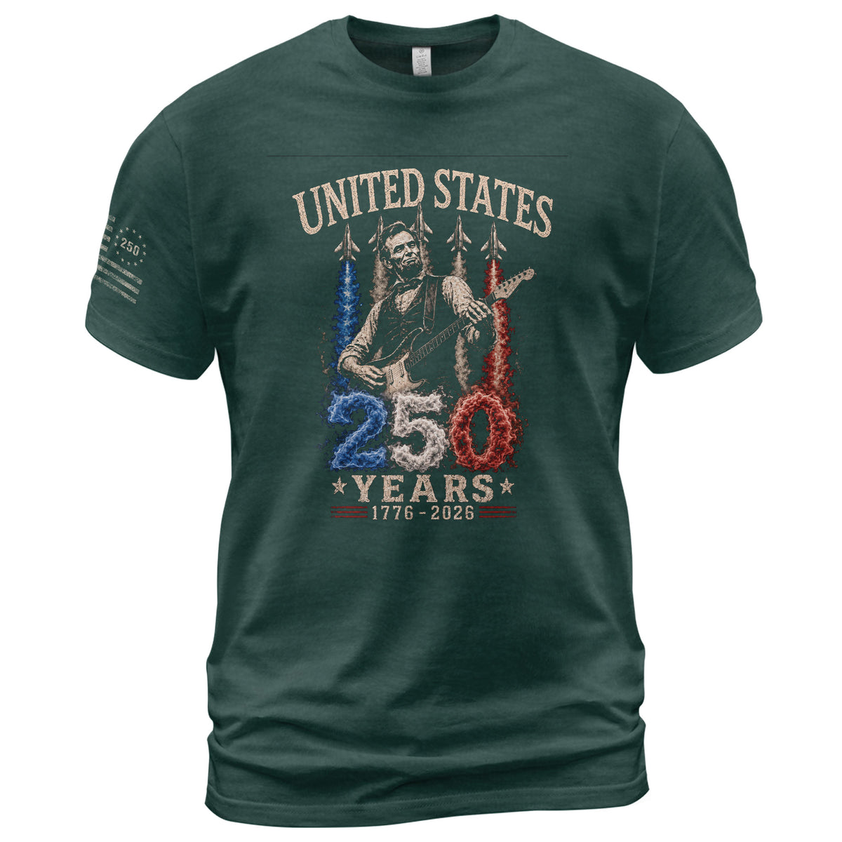 Mens T Shirt Patriotic Abraham Lincoln Guitar 1776-2026 250 Years Fighter Jet Rock Tee - Rust Field Wear