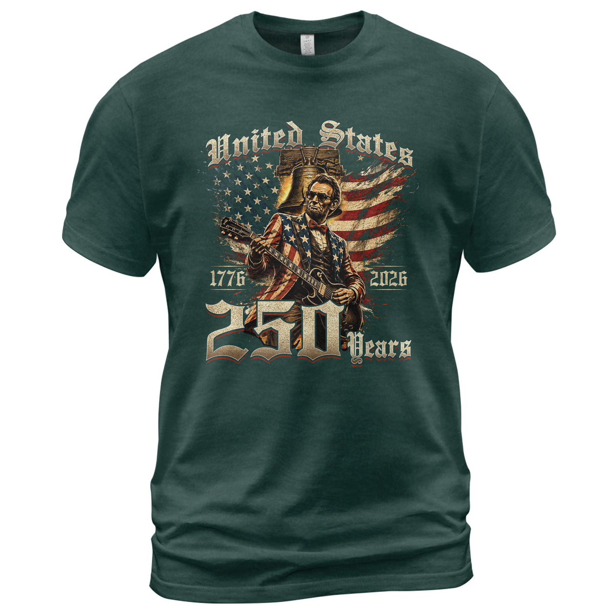 Lincoln Rock Guitar Patriotic T-Shirt - Vintage 1776 2026 Liberty Bell Graphic Tee - Rust Field Wear