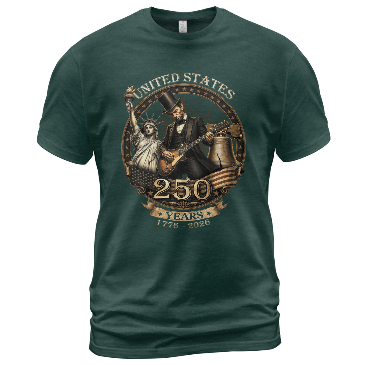 Lincoln Rock Guitar Patriotic T-Shirt - Vintage Statue of Liberty 1776 2026 Apparel - Rust Field Wear