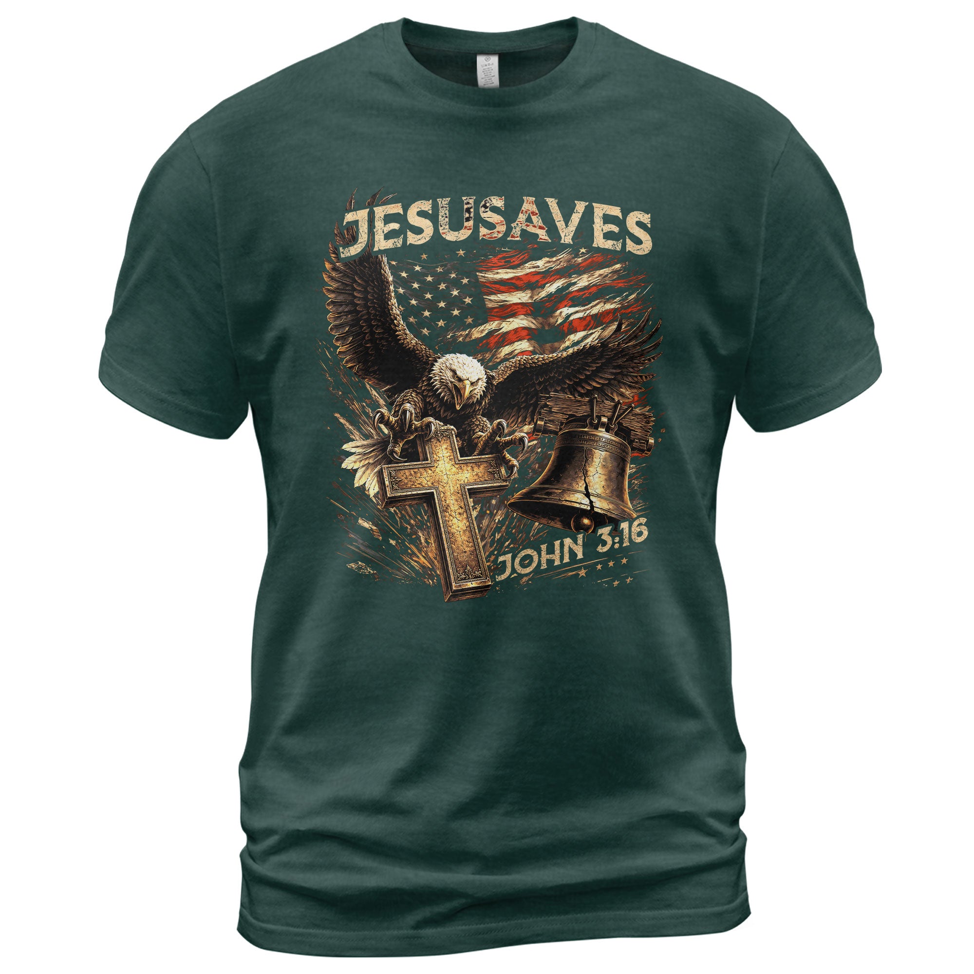JESUSAVES John 3 16 Patriotic Graphic T Shirt American Eagle Cross Liberty Bell Tee - Rust Field Wear