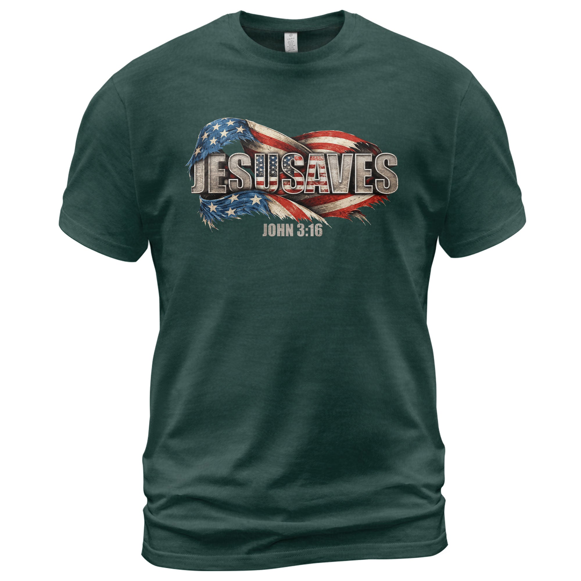 Distressed Flag JESUSAVES Graphic T Shirt John 3 16 Spiritual Patriotic Cotton Top - Rust Field Wear