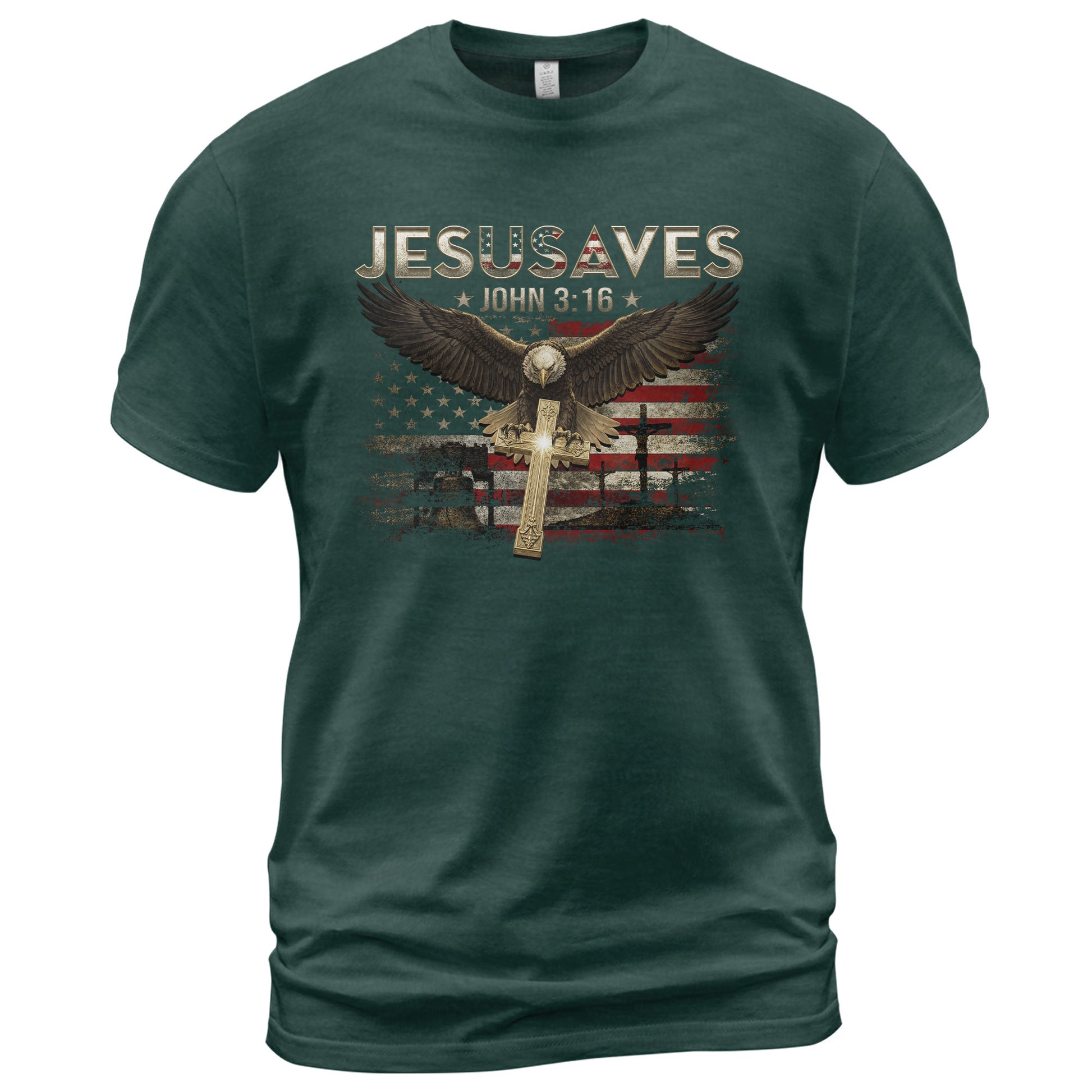 American Eagle JESUSAVES John 3 16 T Shirt Patriotic Religious Faith Graphic Cotton Tee - Rust Field Wear