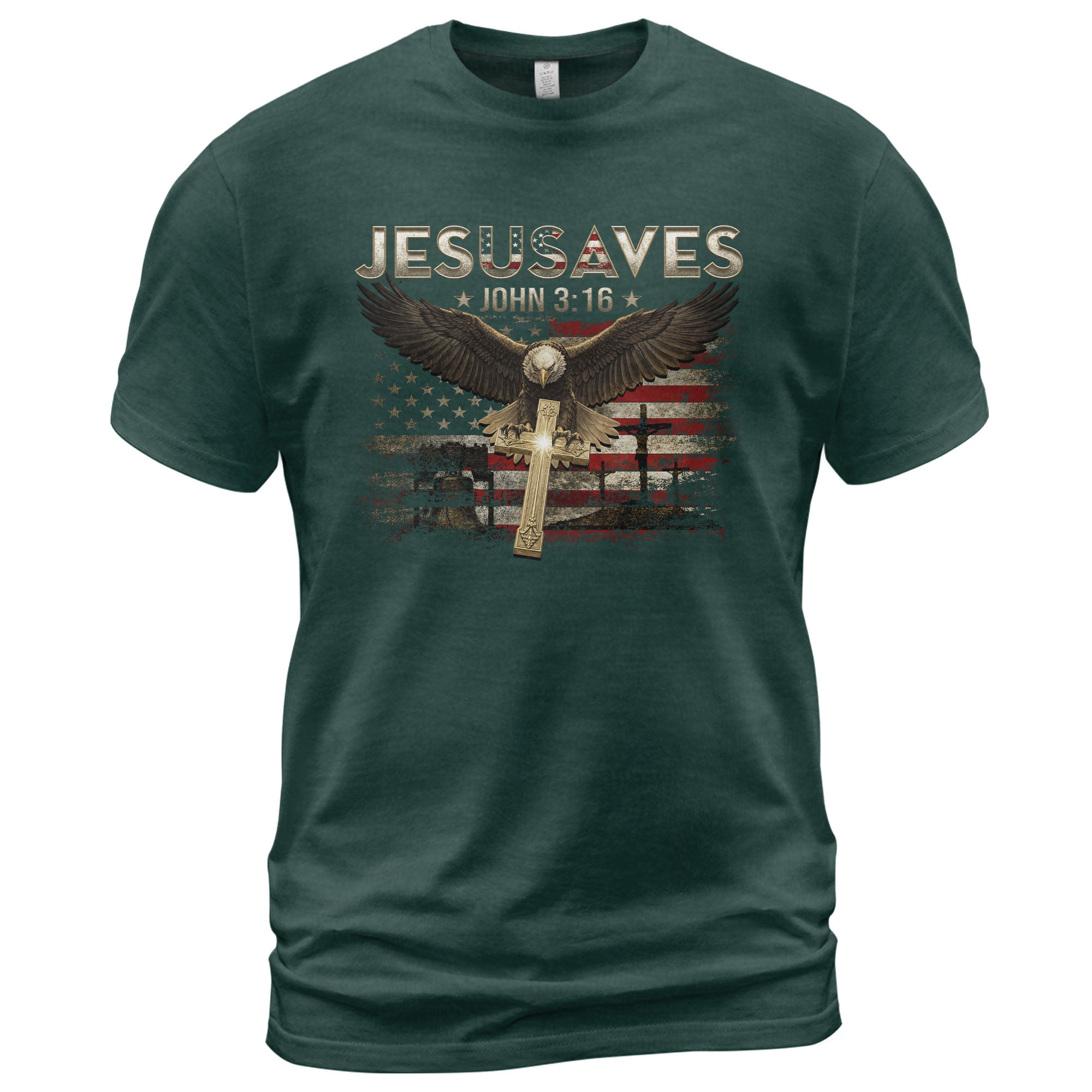 American Eagle JESUSAVES John 3 16 T Shirt Patriotic Religious Faith Graphic Cotton Tee - Rust Field Wear