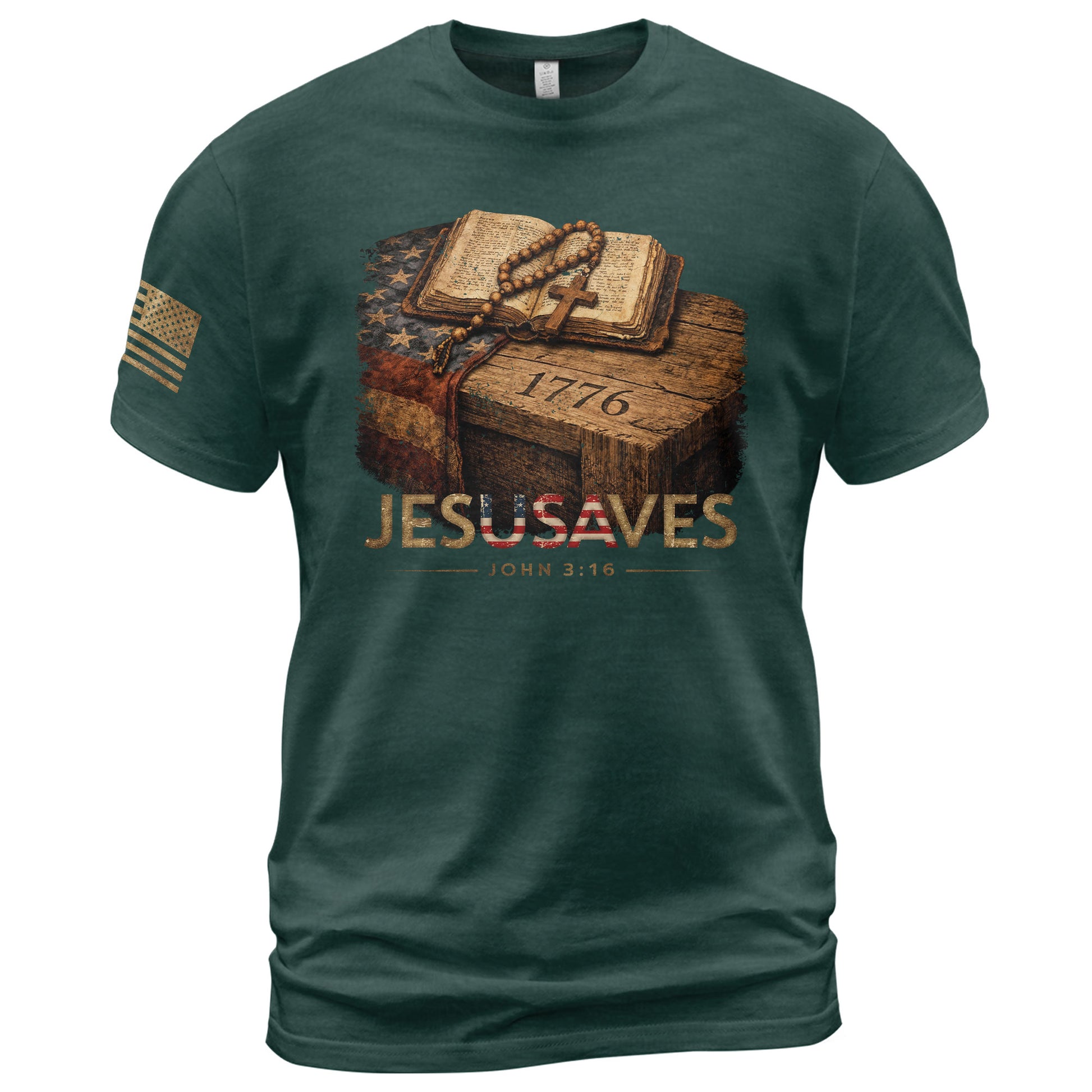 JESUSAVES 1776 Patriotic T-Shirt - Vintage American Flag Graphic Tee - Casual Apparel - Rust Field Wear