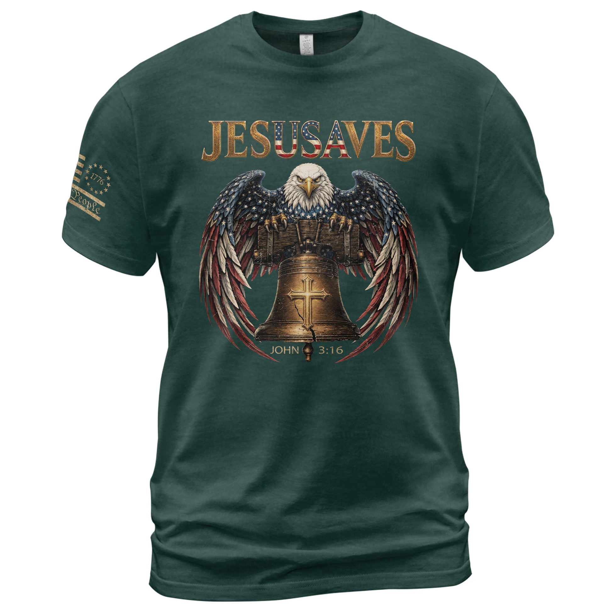 Patriotic JESUSAVES T-Shirt American Eagle Bell Print Stylish Casual Graphic Tee - Rust Field Wear