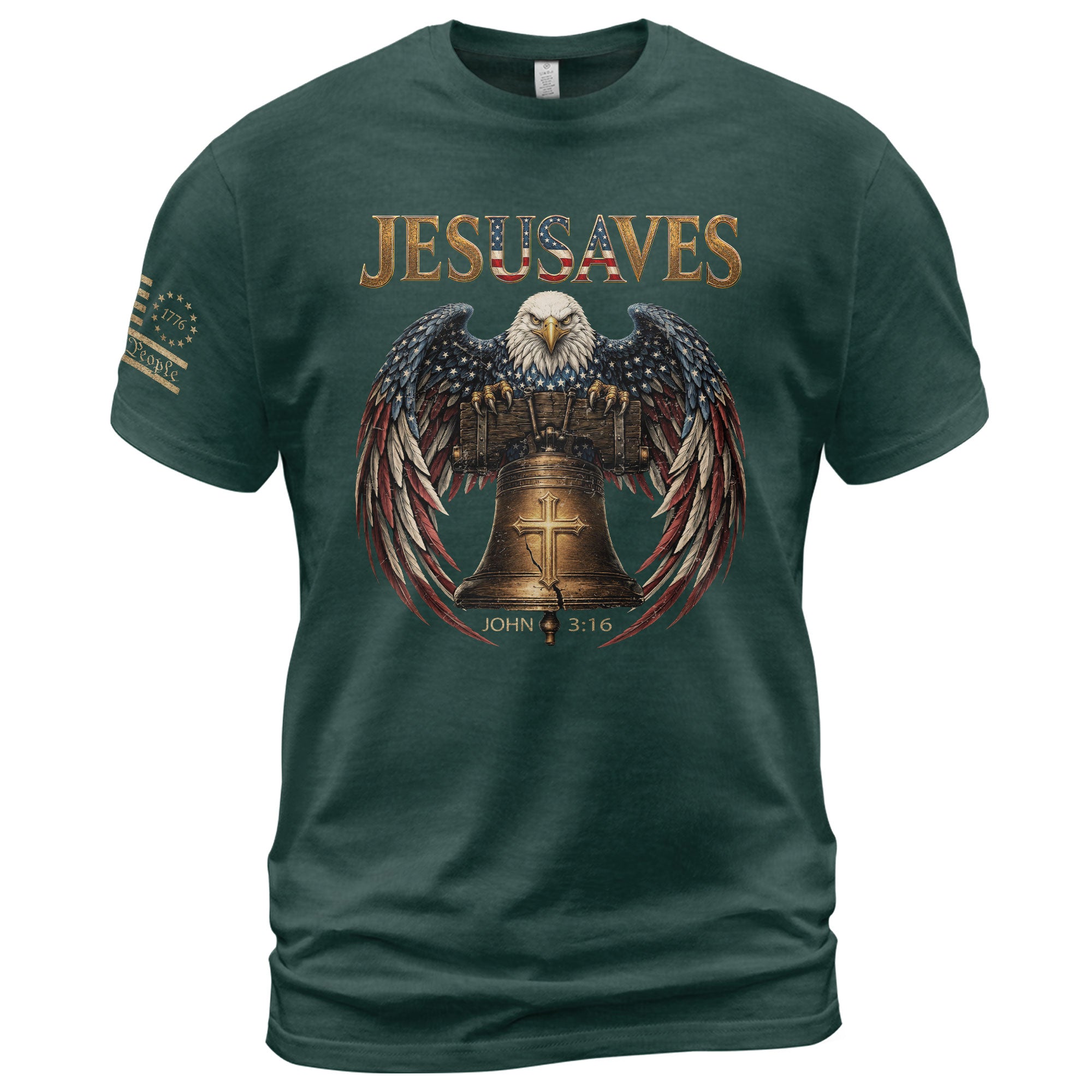 Patriotic JESUSAVES T-Shirt American Eagle Bell Print Stylish Casual Graphic Tee - Rust Field Wear