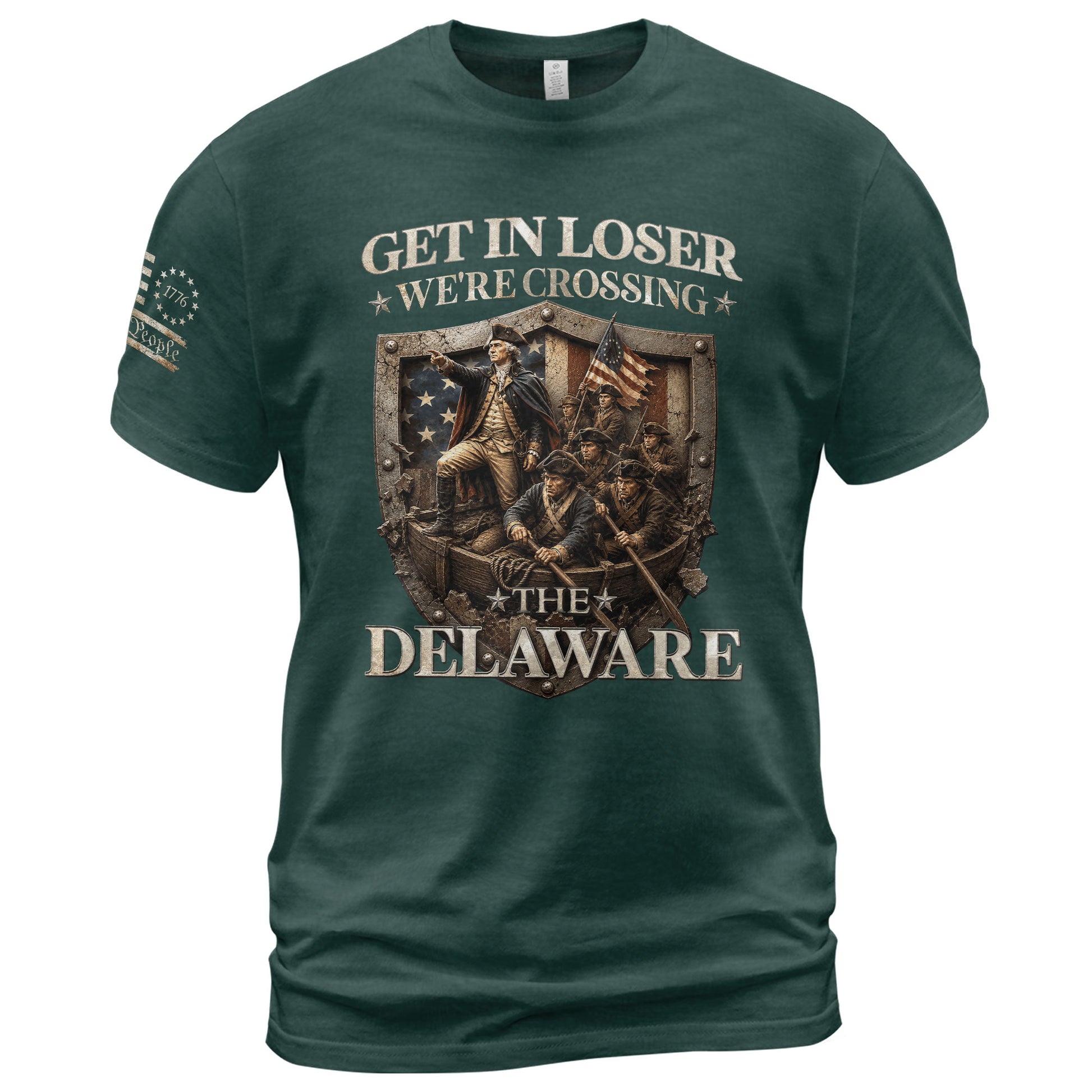 Get In Loser We're Crossing The Delaware George Washington Shield Patriotic T-Shirt - Rust Field Wear