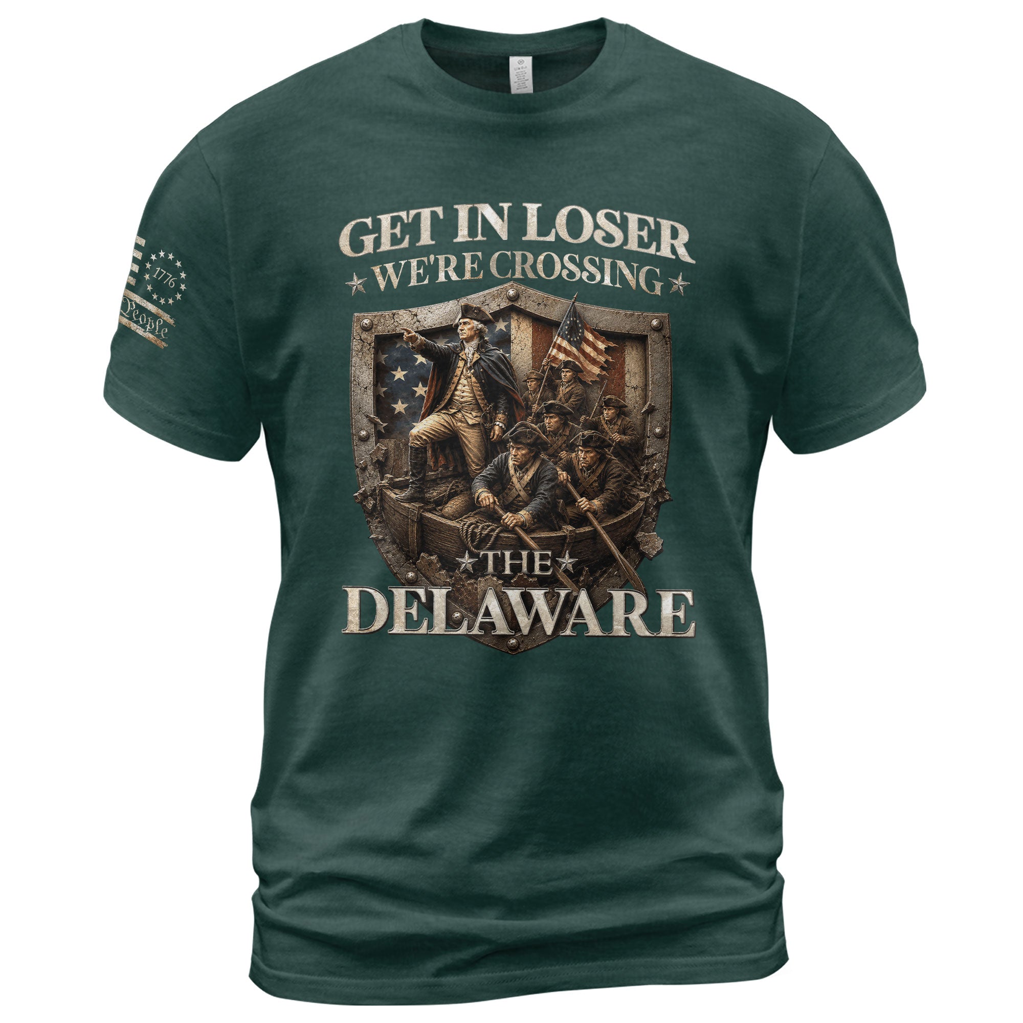 Get In Loser We're Crossing The Delaware George Washington Shield Patriotic T-Shirt - Rust Field Wear