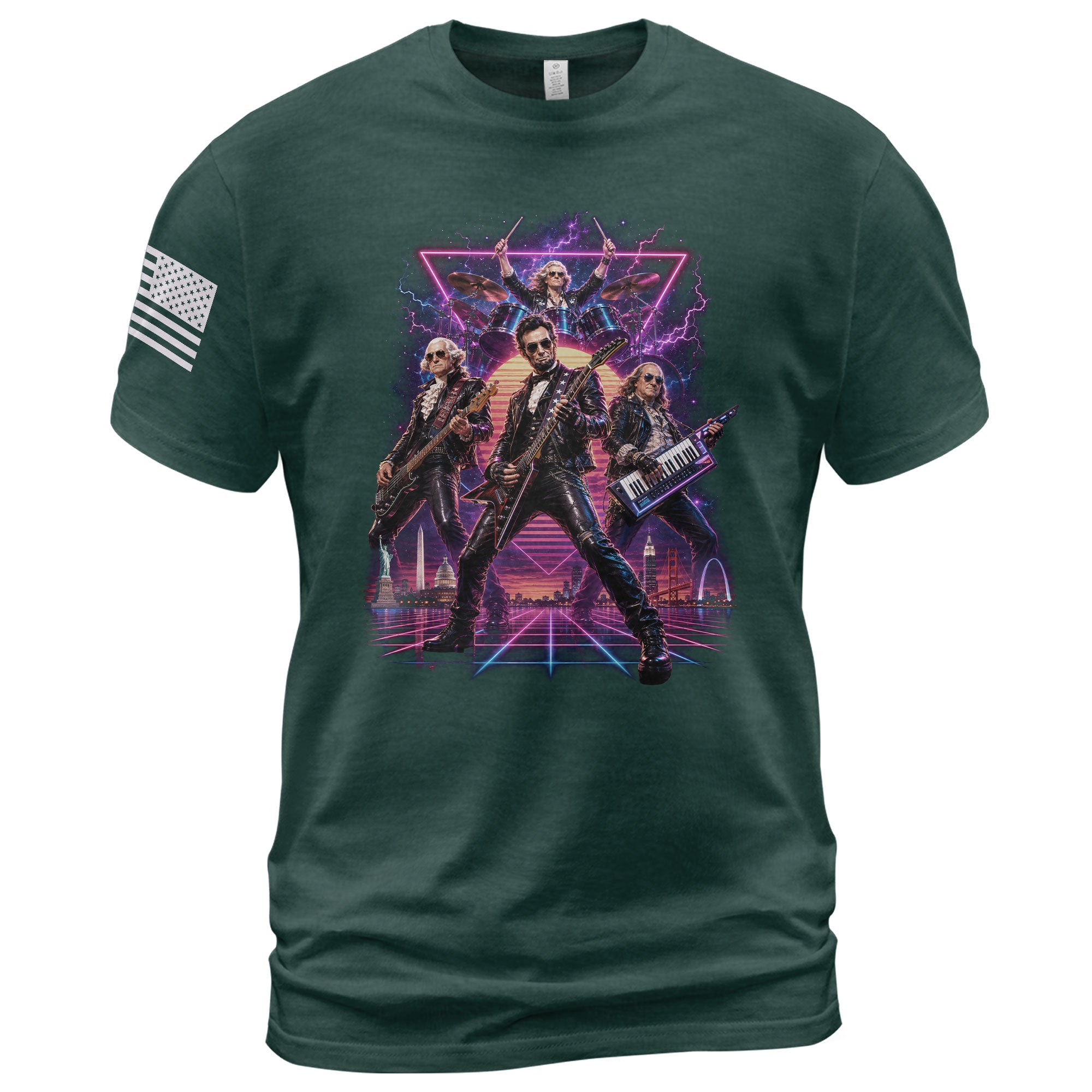 Retro Lincoln Guitar Player T-Shirt Neon Synthwave Rock Band Graphic Tee Gift - Rust Field Wear