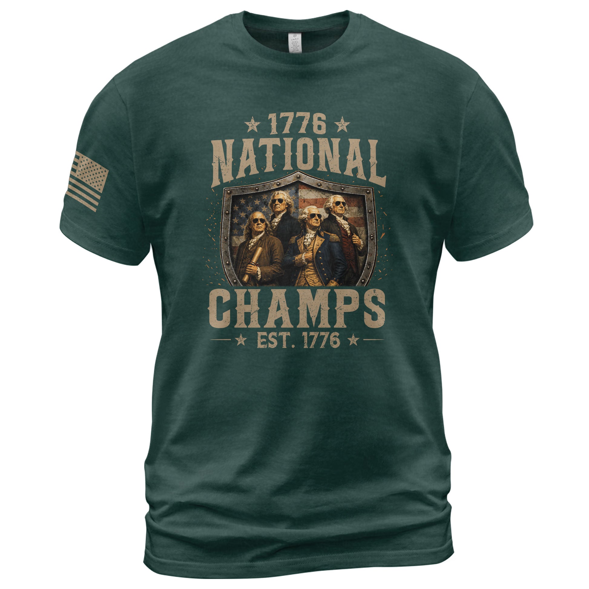 1776 National Champs Patriotic Shield Tee Founding Fathers Graphic Vintage Casual Apparel - Rust Field Wear