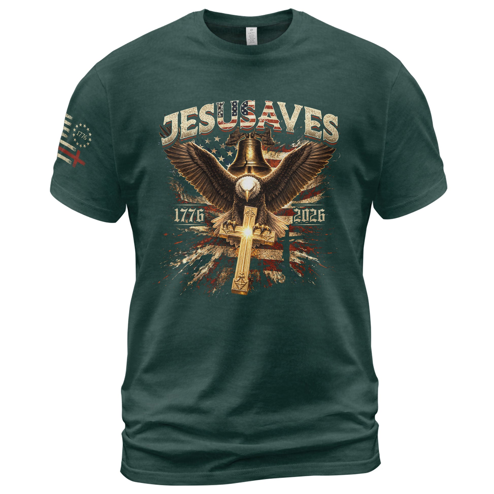 JESUSAVES T-Shirt Patriotic 1776 2026 Liberty Bell Bald Eagle Christian Cross Tee - Rust Field Wear