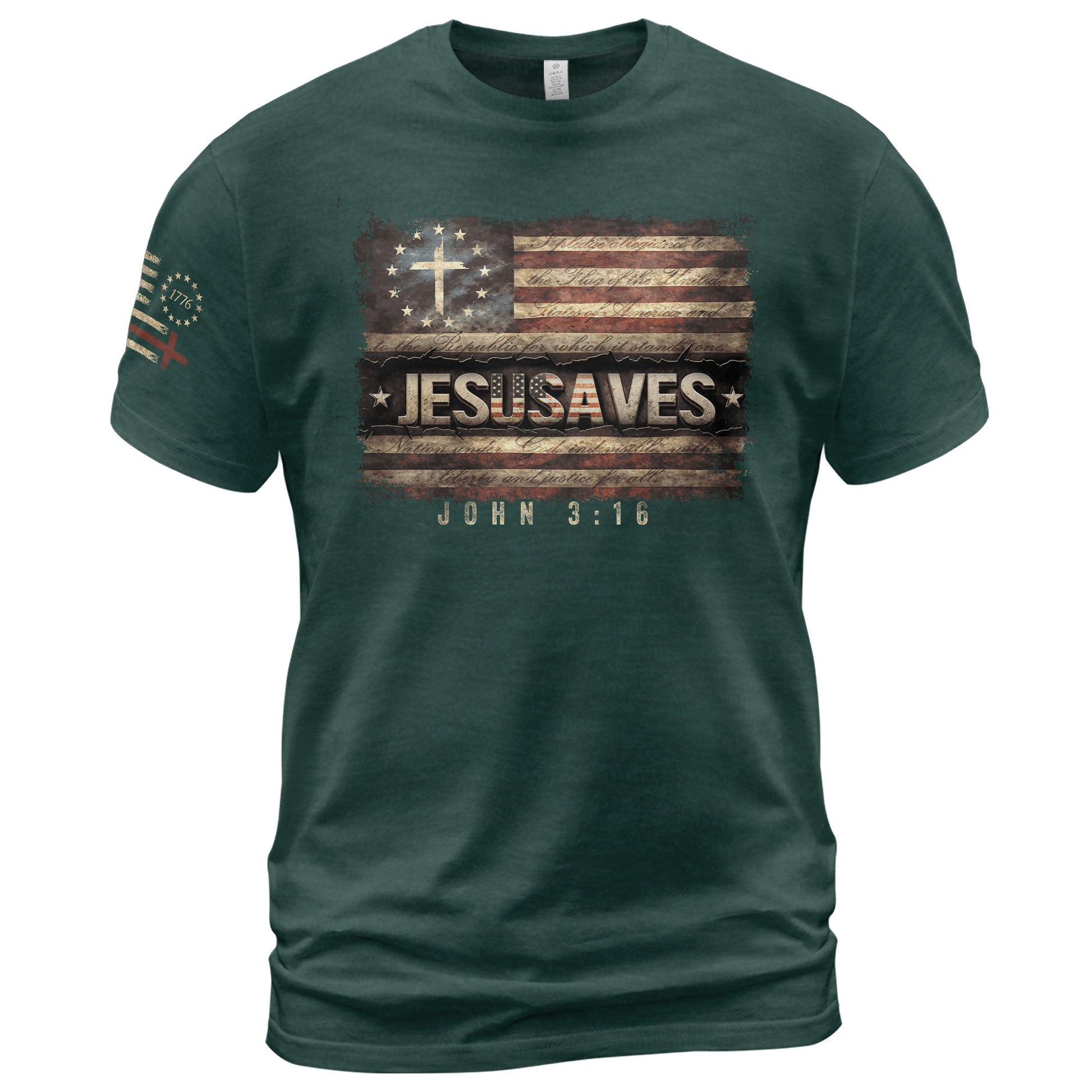JESUSAVES T-Shirt John 3:16 Pledge of Allegiance Christian Cross Patriotic US Flag Tee - Rust Field Wear