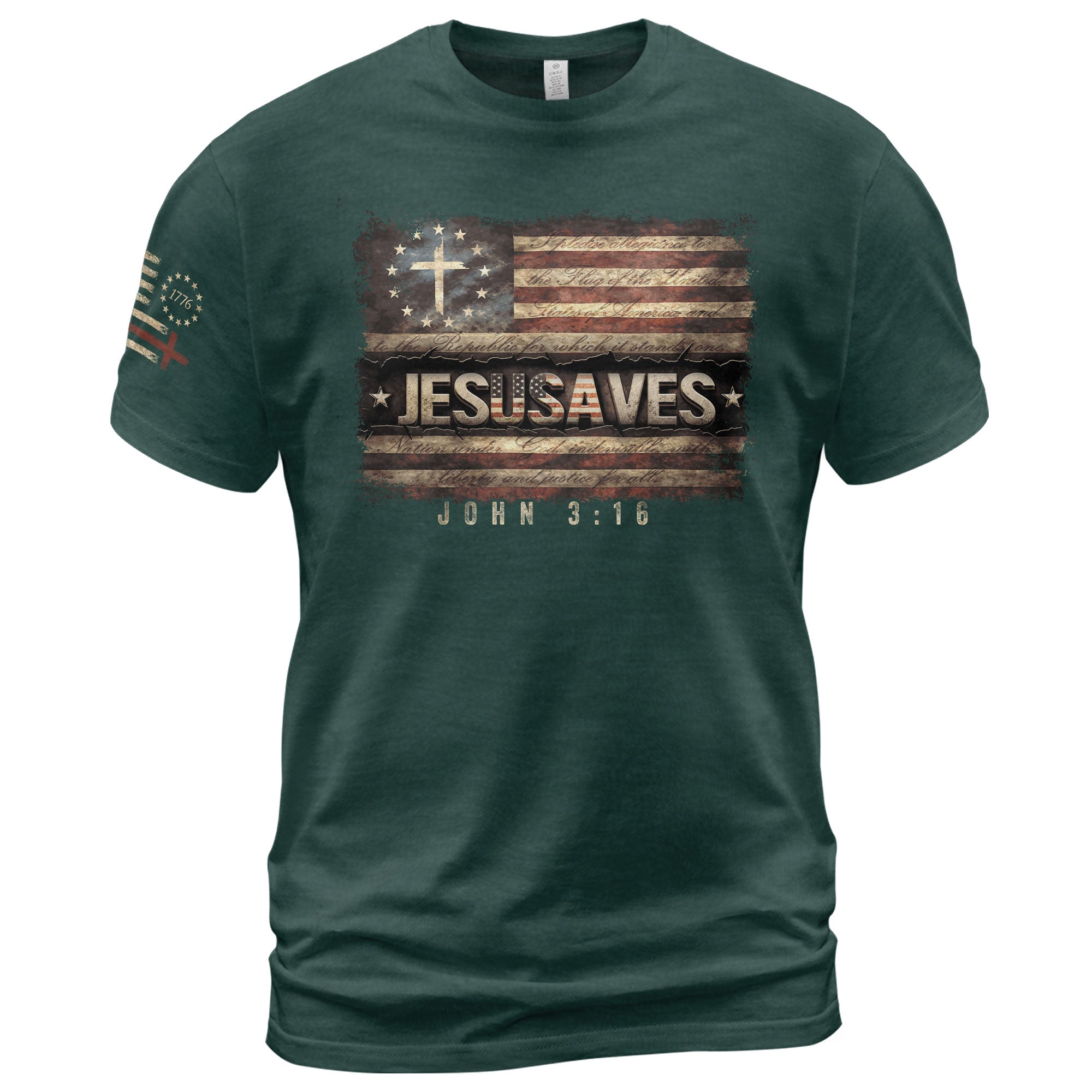 JESUSAVES T-Shirt John 3:16 Pledge of Allegiance Christian Cross Patriotic US Flag Tee - Rust Field Wear