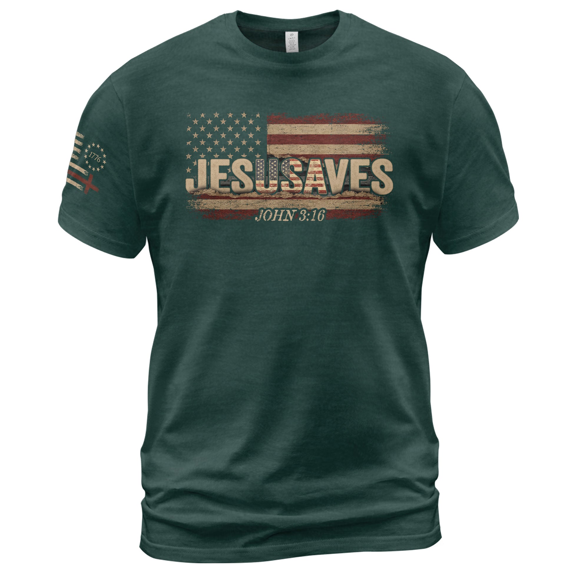 JESUSAVES T-Shirt John 3:16 Patriotic American Flag Distressed Christian Faith Tee - Rust Field Wear