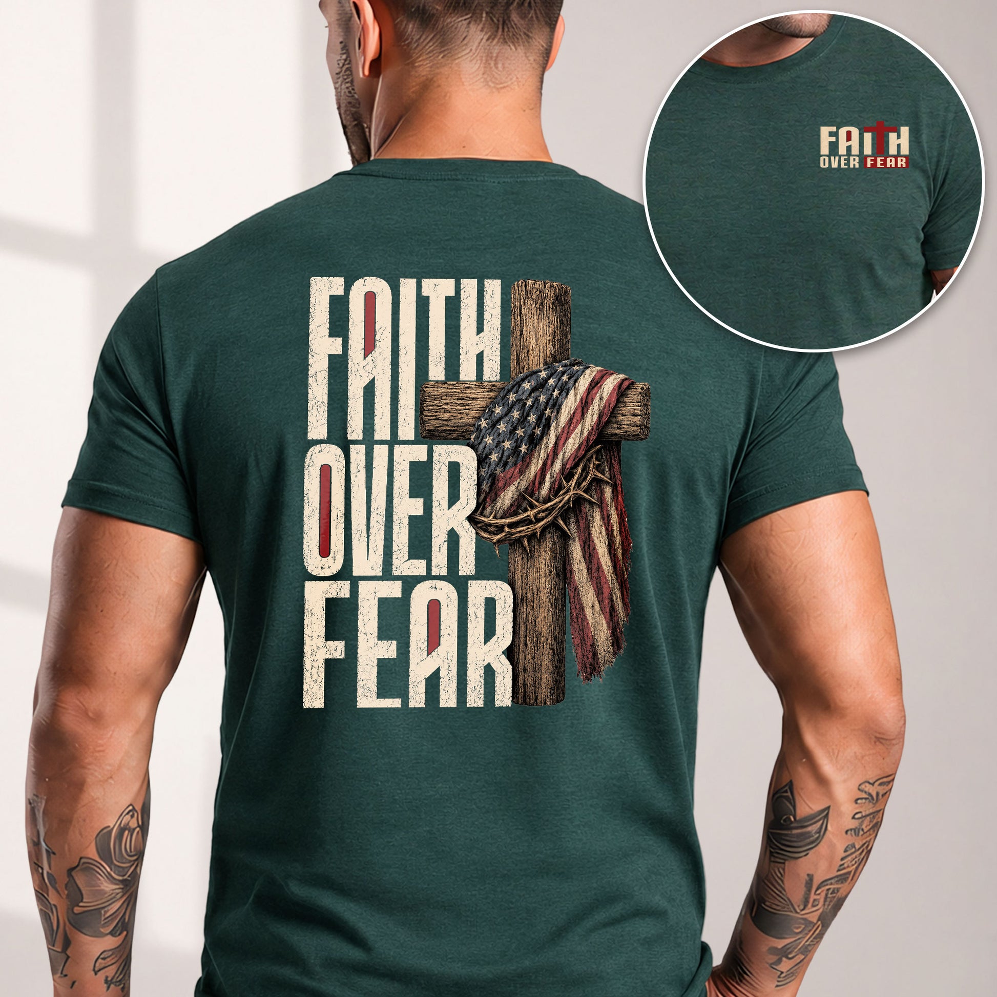 Faith Over Fear Christian Shirt Patriotic Cross American Flag Religious Graphic Tee - Rust Field Wear