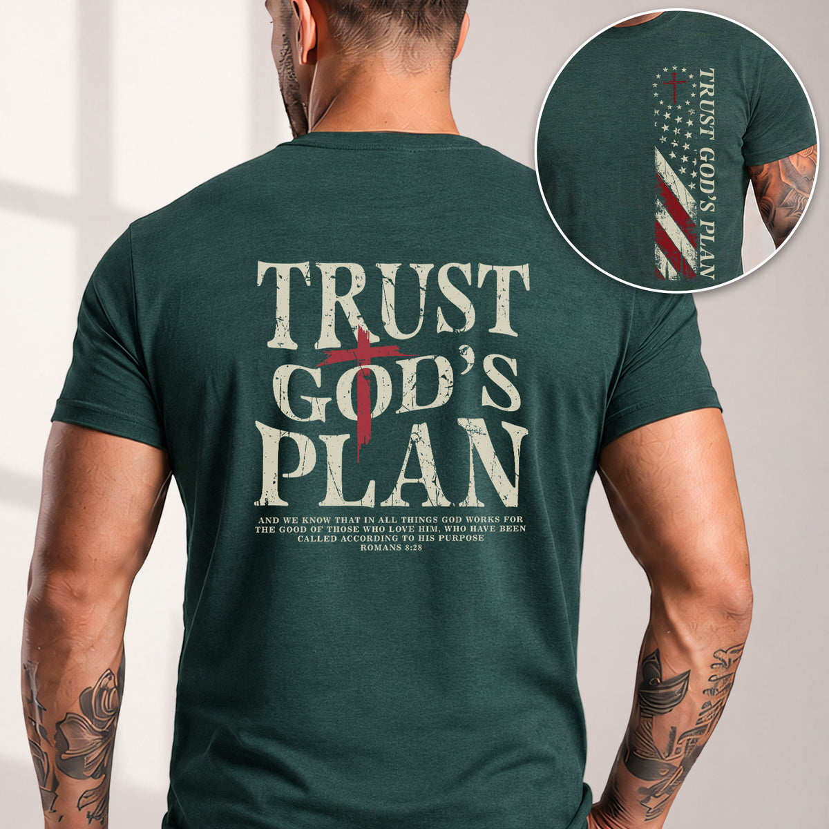 Trust Gods Plan Christian Bible Verse Cross American Flag Mens Graphic T Shirt Apparel - Rust Field Wear