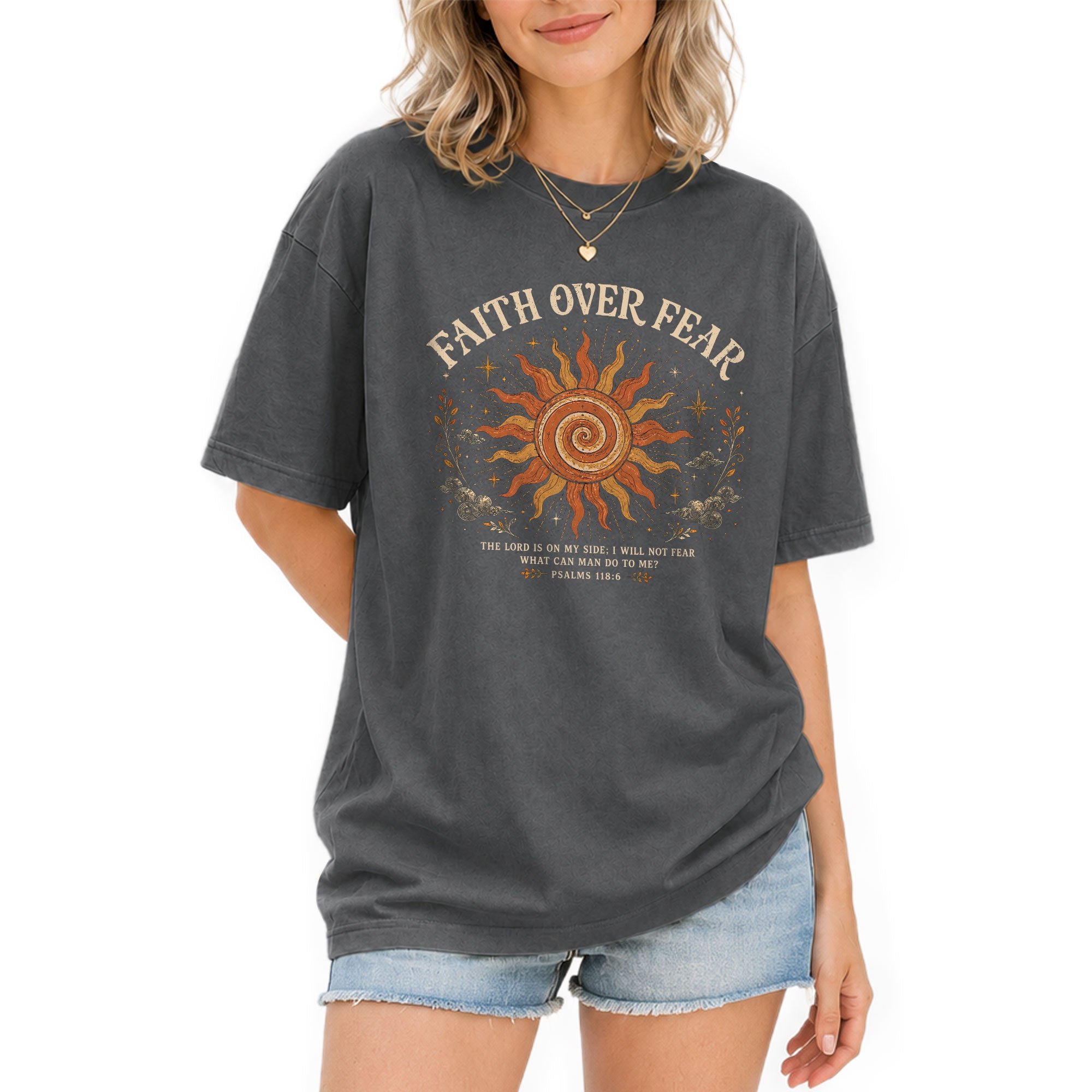 Faith Over Fear T Shirt Christian Women Sun Clouds Psalms 118 6 Religious Tee Top - Rust Field Wear