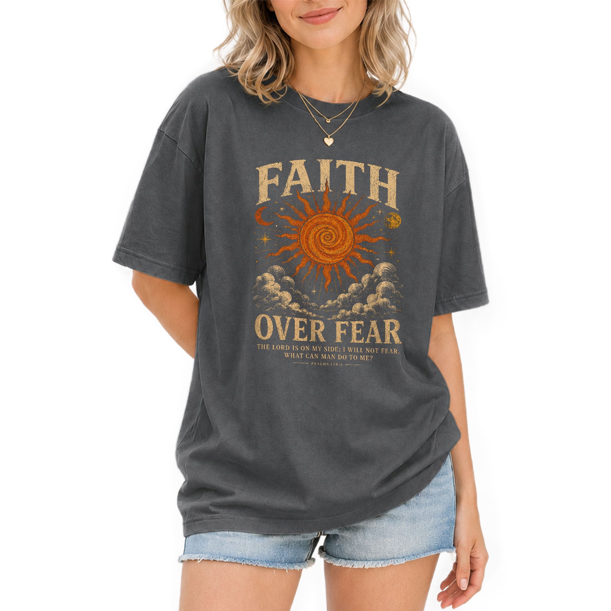 Faith Over Fear T Shirt Christian Women Sun Moon Clouds Psalm 118 6 Religious Tee - Rust Field Wear