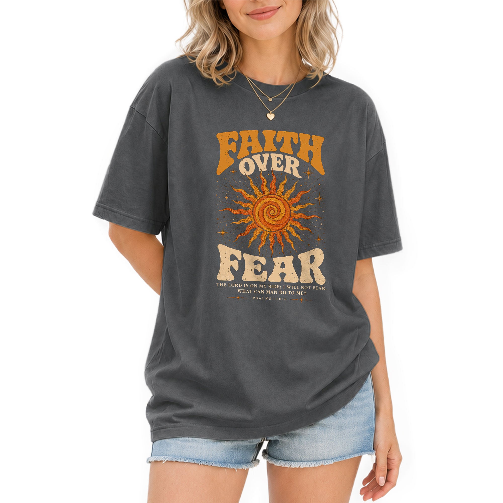 Faith Over Fear T Shirt Christian Women Retro Sun Stars Psalm 118 6 Religious Tee - Rust Field Wear