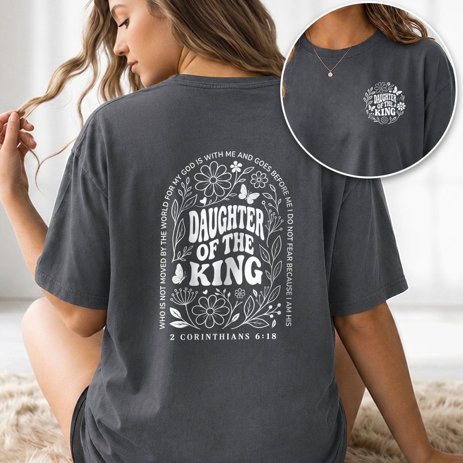 Daughter Of The King Shirt Wildflower Butterfly 2 Corinthians 6 18 Christian Graphic Tee - Rust Field Wear