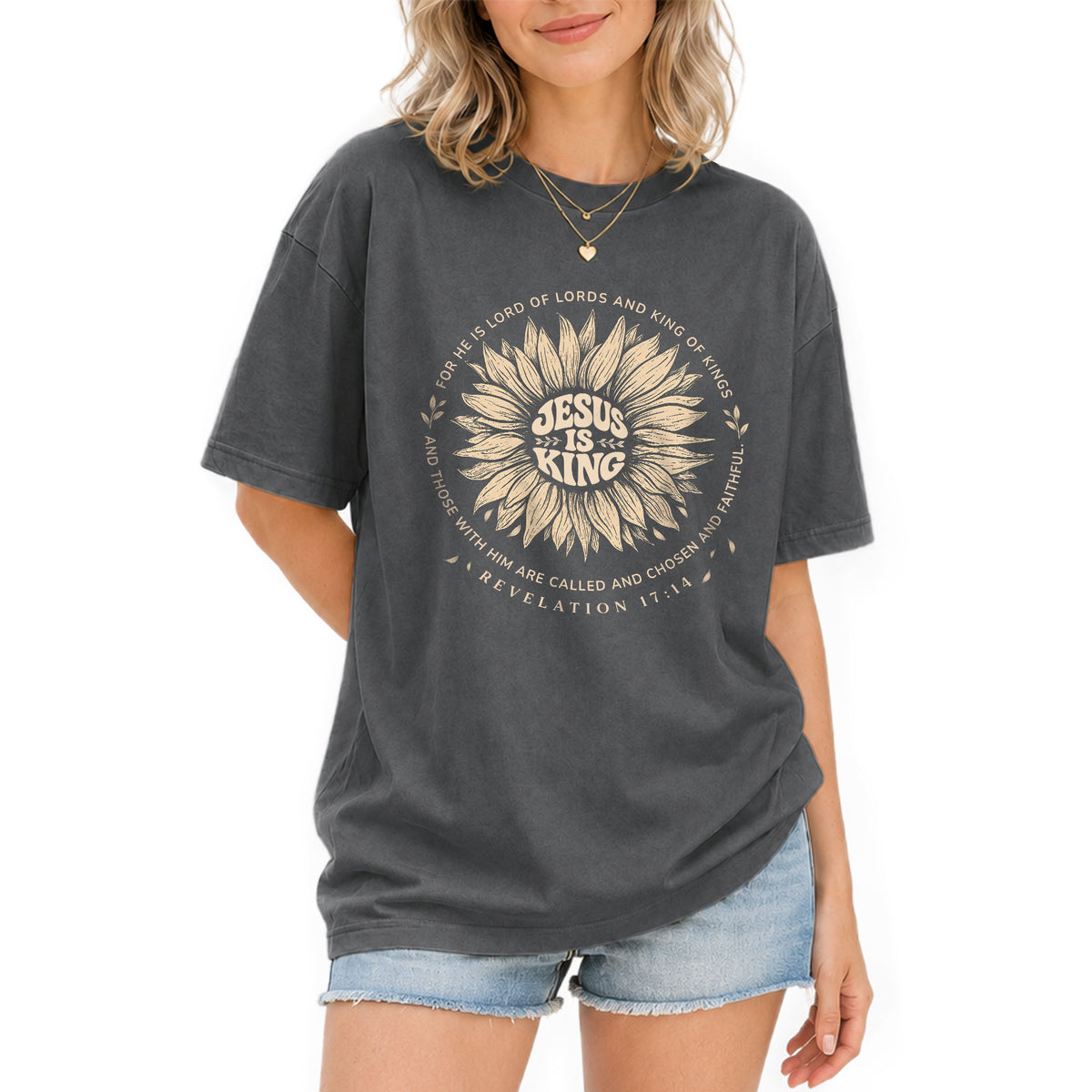 Jesus Is King Sunflower Floral Circle Revelation 17 14 Graphic Christian T Shirt Women - Rust Field Wear