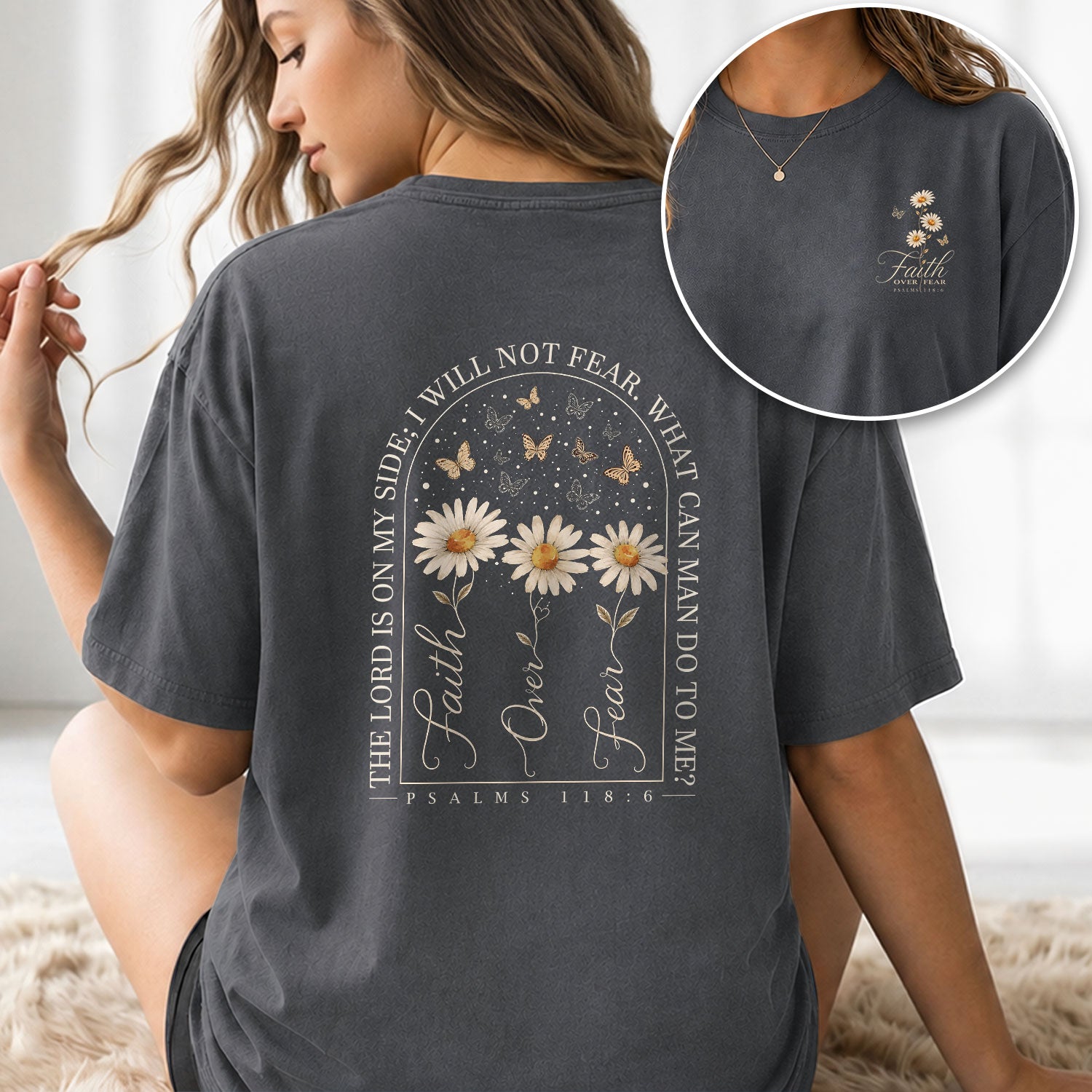 Faith Over Fear Shirt Christian Women Daisy Butterfly Shirt Psalm 118 Bible Verse Floral Tee - Rust Field Wear