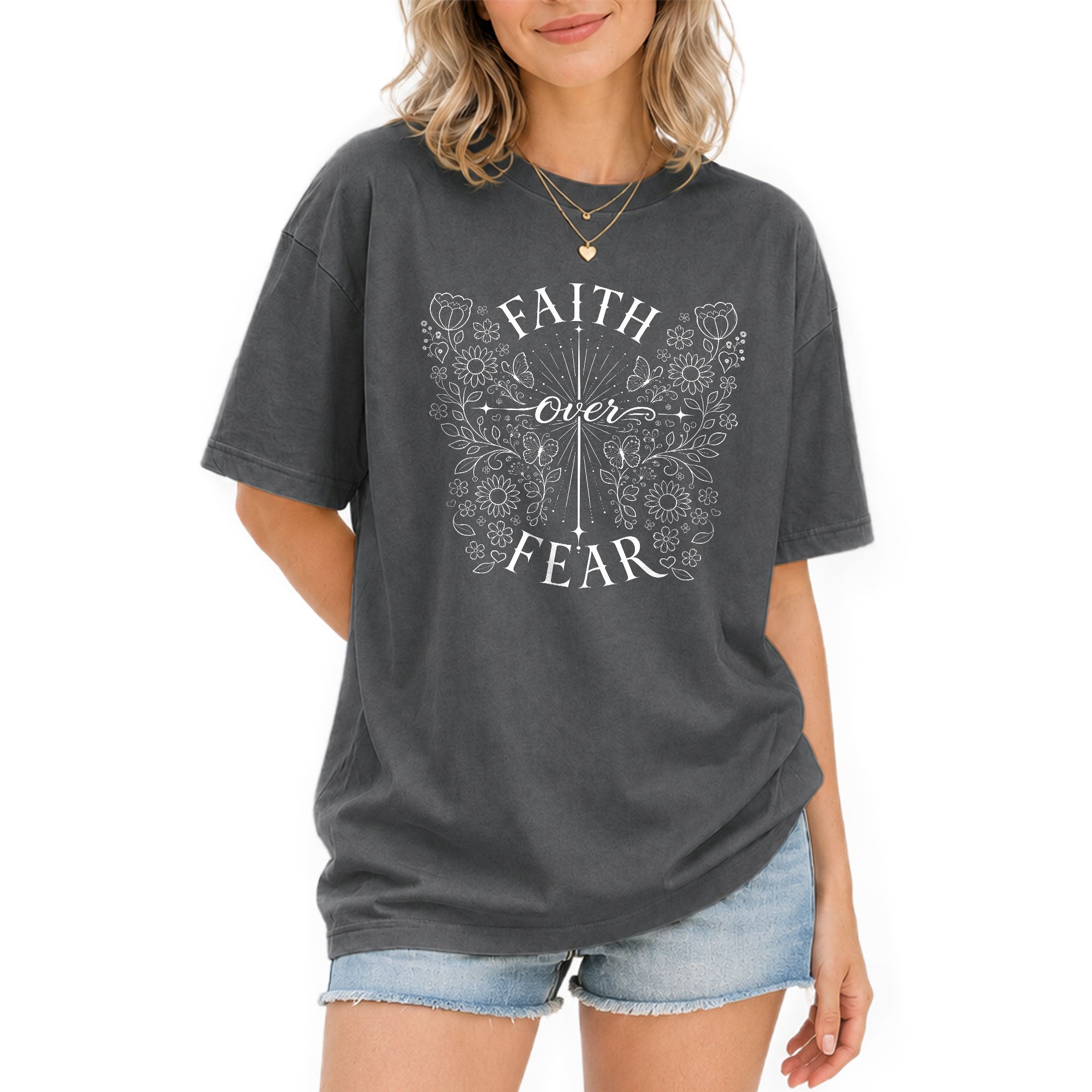 Faith Over Fear Shirt Christian Women Butterfly Floral Line Art Shirt Cross Jesus Graphic Tee - Rust Field Wear