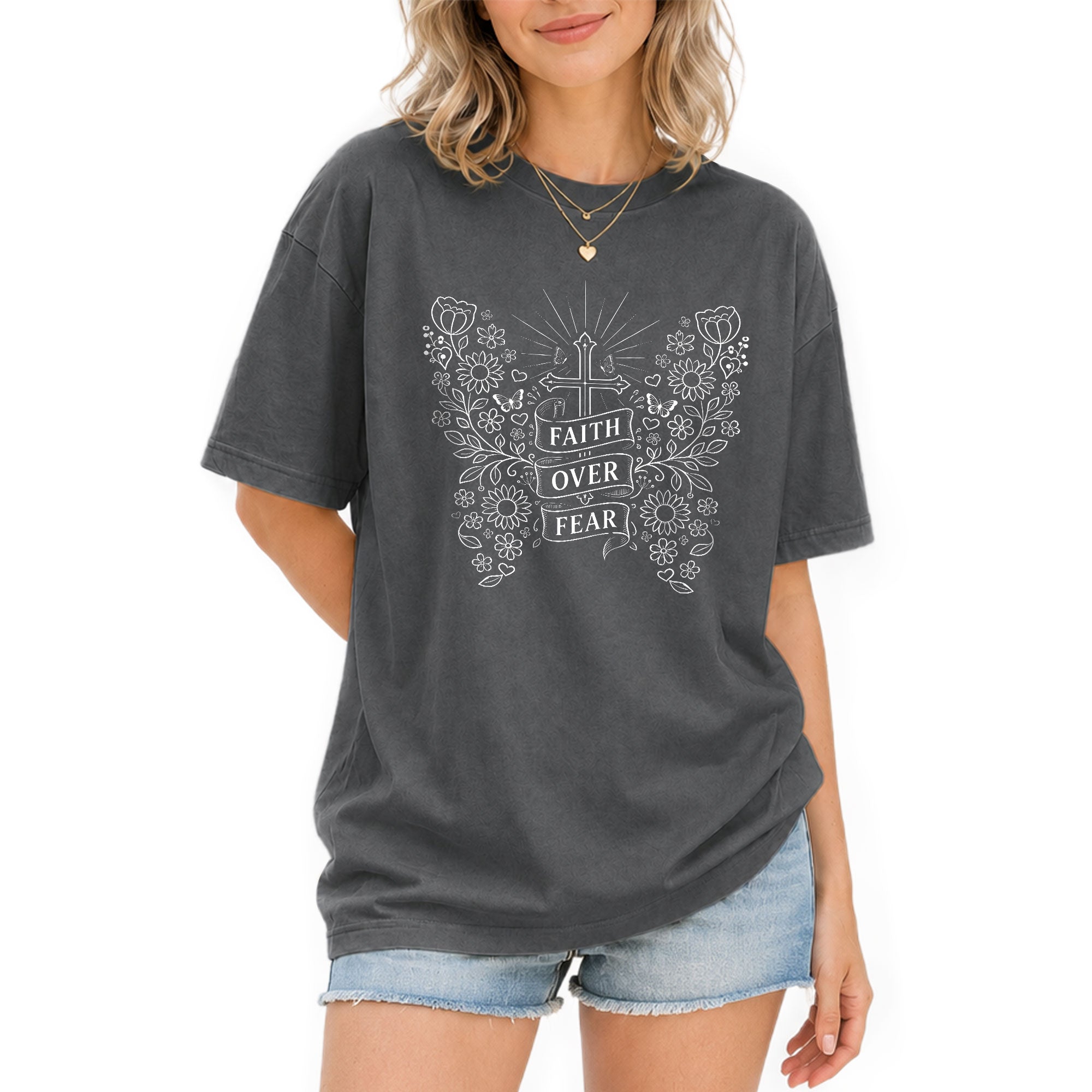 Faith Over Fear Shirt Christian Women Shirt Floral Butterfly Cross Aesthetic Jesus Tee - Rust Field Wear