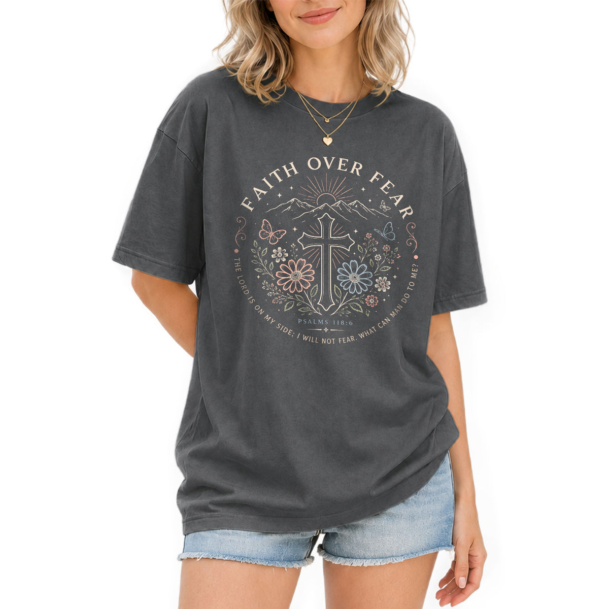 Devout Christian Faith Over Fear Cross Aesthetic Women Graphic Tee Shirt Vintage - Rust Field Wear