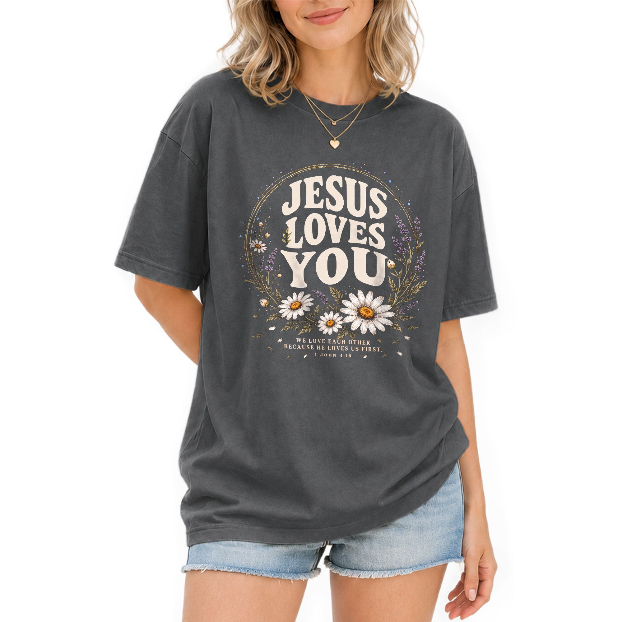 Jesus Loves You Shirt Christian Women Floral Faith T-Shirt 1 John 4:19 Daisy Tee - Rust Field Wear