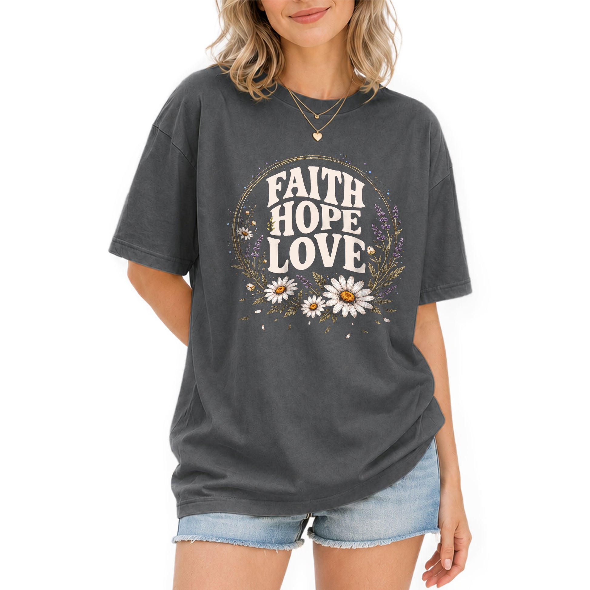 Faith Hope Love T-Shirt Christian Women Faith Shirt Floral Daisy Aesthetic Graphic - Rust Field Wear