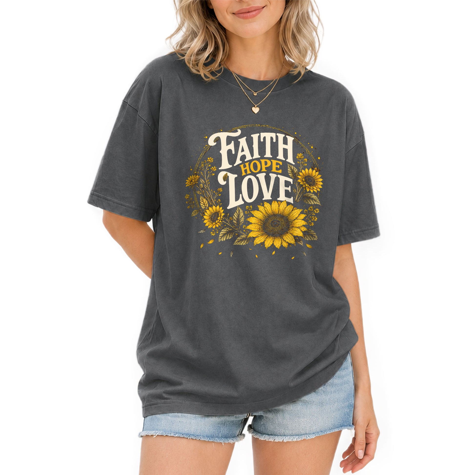 Faith Hope Love T-Shirt Christian Women Faith Shirt Sunflower Bible Verse Yellow Floral - Rust Field Wear