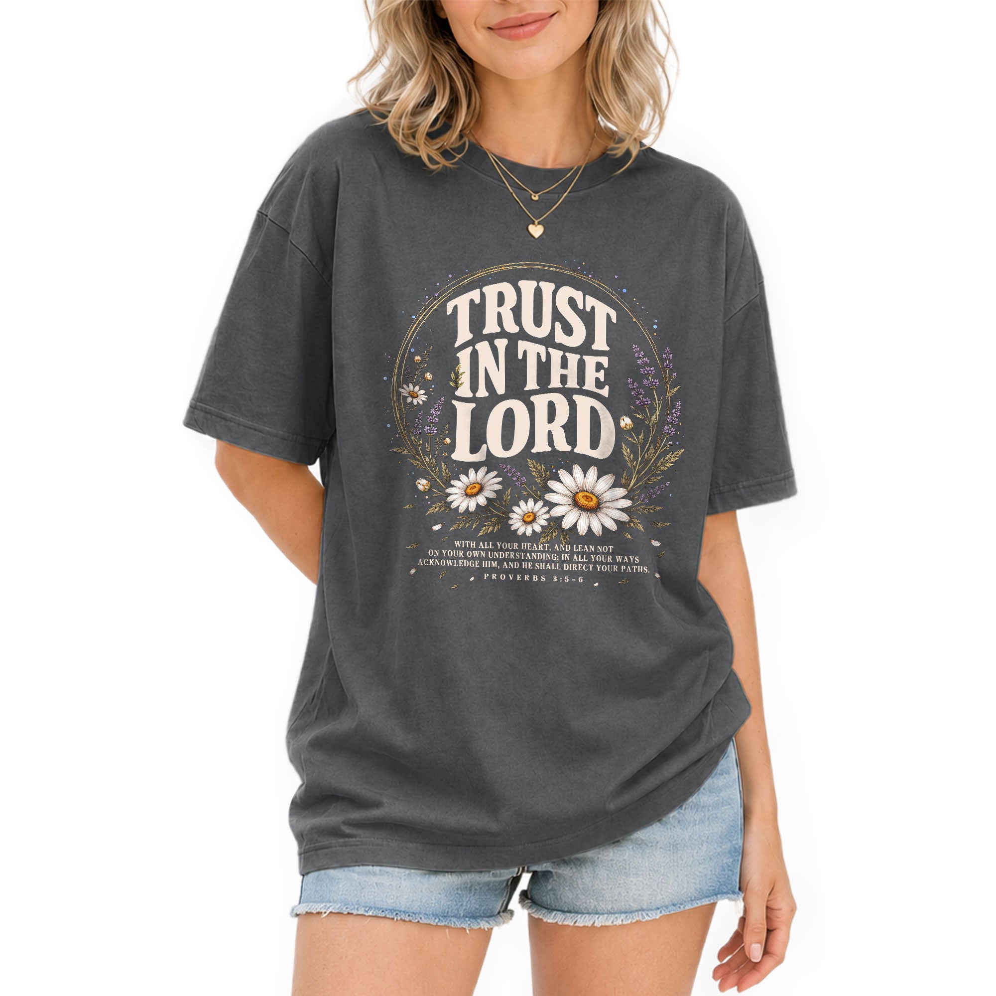 Trust In The Lord T-Shirt Christian Women Faith Shirt Floral Bible Verse Daisy Graphic - Rust Field Wear