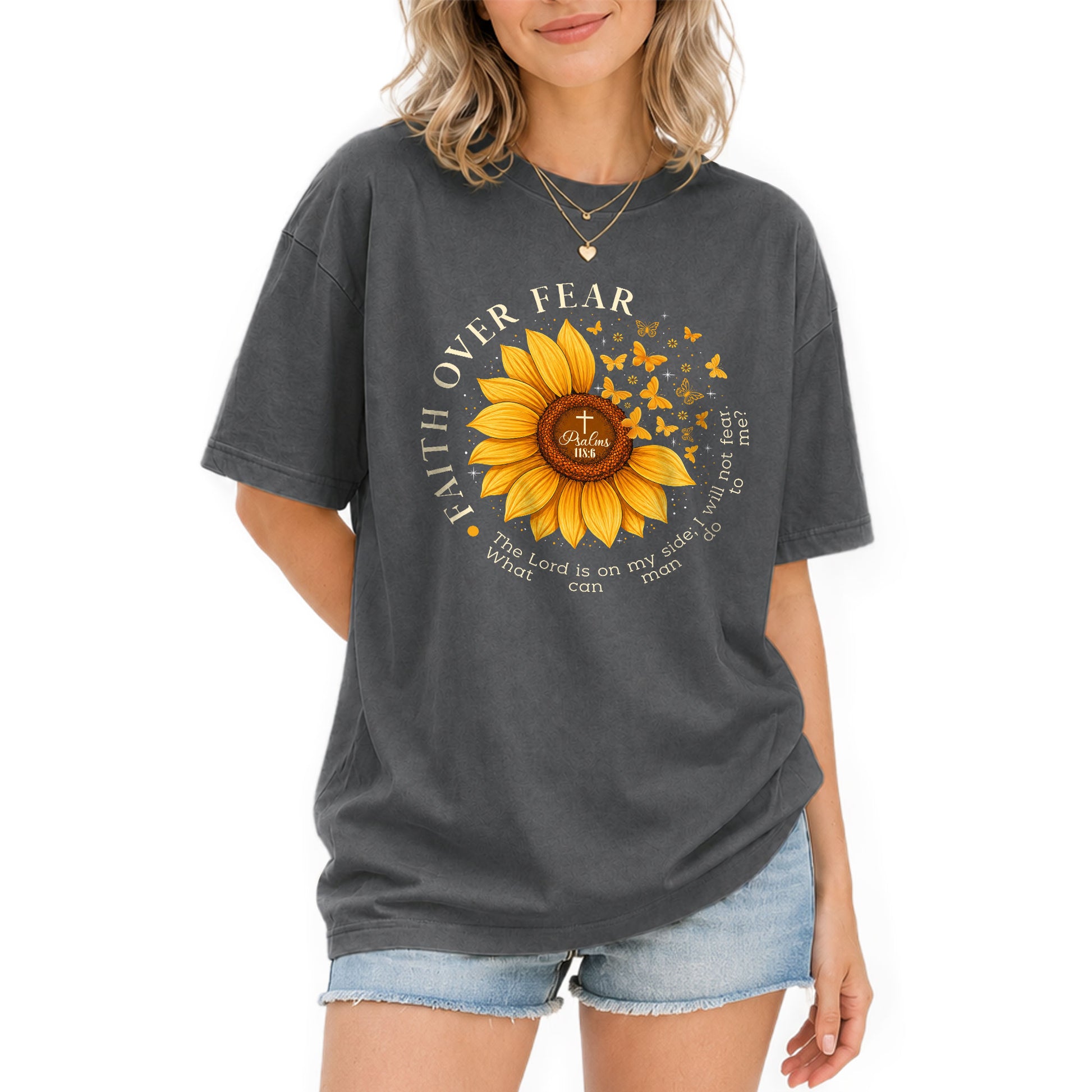 Faith Over Fear Psalms 118:6 Sunflower Butterfly Christian Graphic Tee For Women - Rust Field Wear