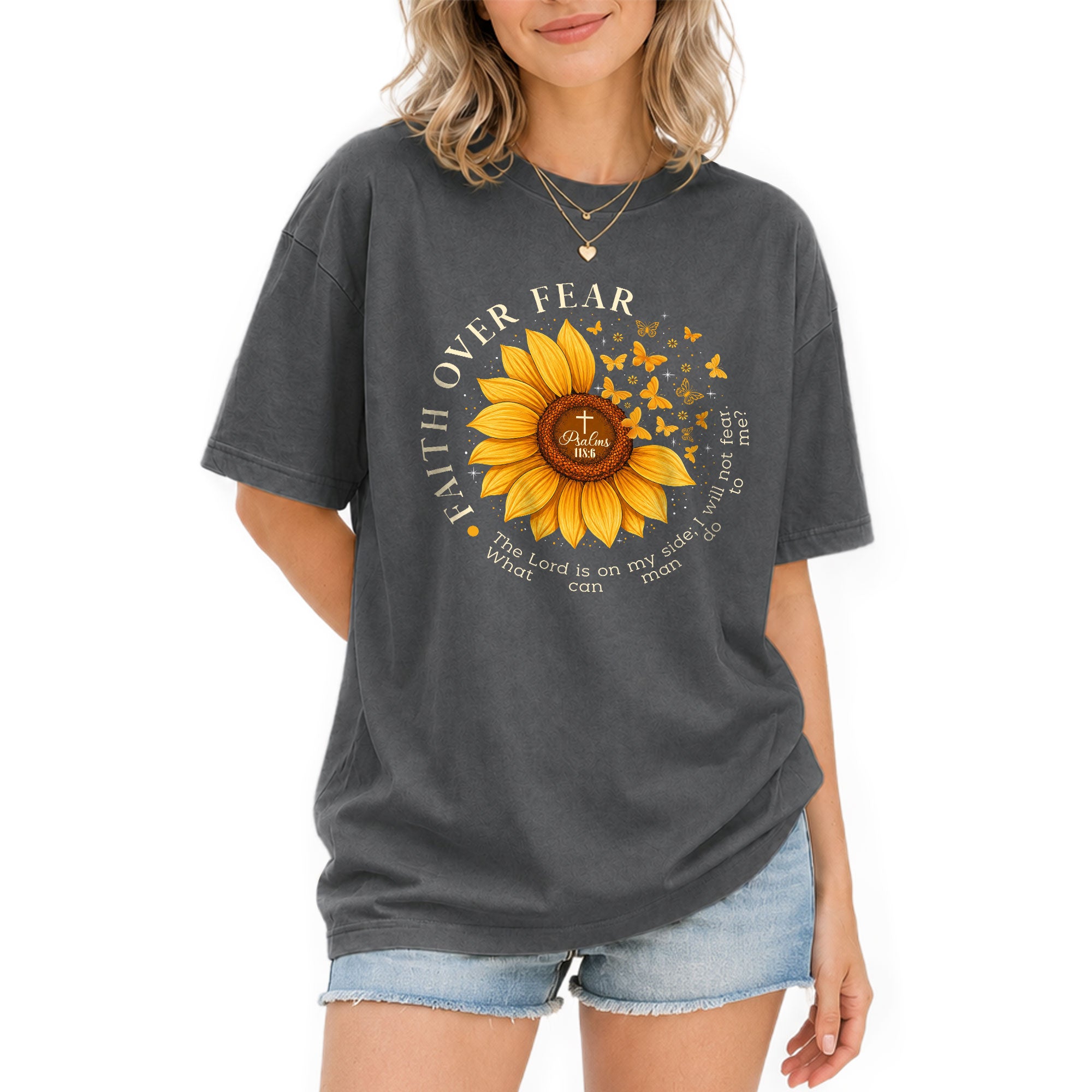 Faith Over Fear Psalms 118:6 Sunflower Butterfly Christian Graphic Tee For Women - Rust Field Wear