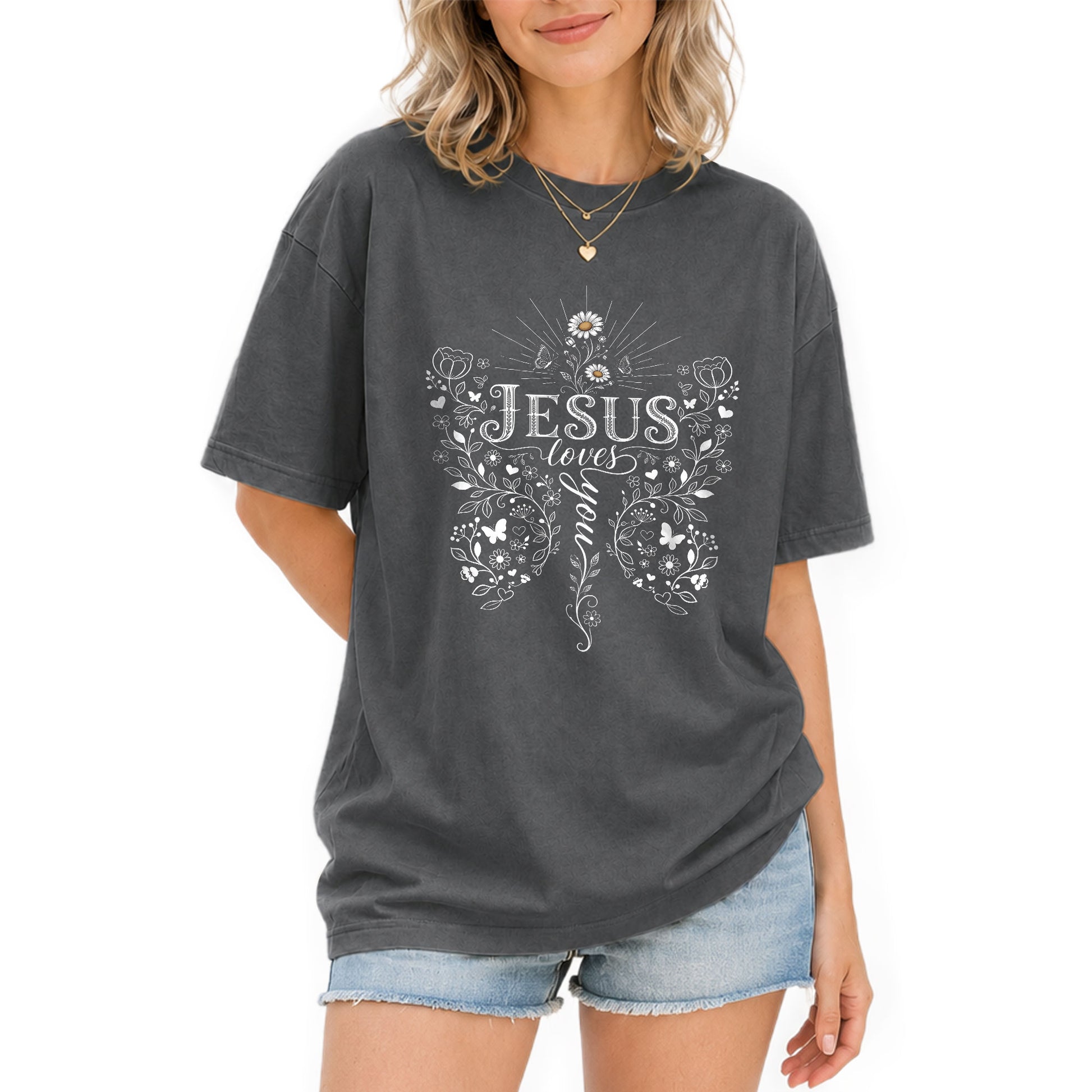 Jesus Loves You Butterfly Floral Christian Graphic Tee Shirt For Women Everyday Wear - Rust Field Wear