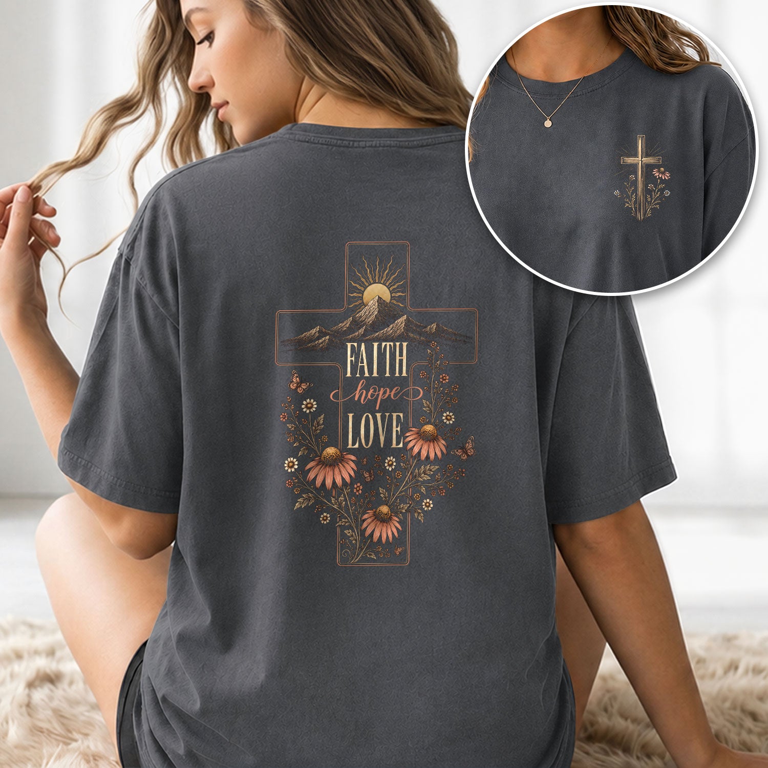 Faith Hope Love Cross Mountain Floral Christian Graphic Tee Shirt For Women Apparel - Rust Field Wear