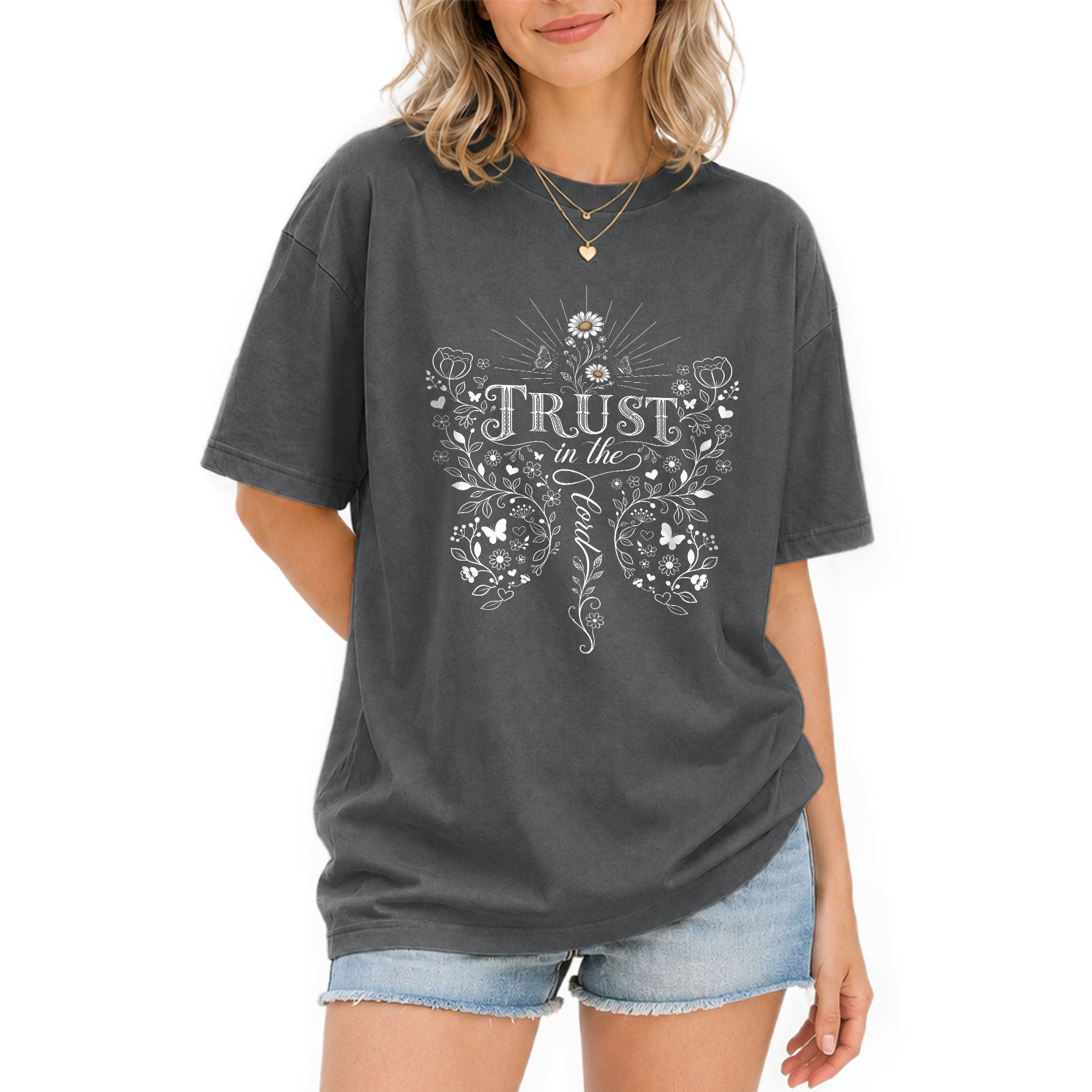 Trust In The Lord Butterfly Floral Christian Graphic Tee Shirt For Women Apparel - Rust Field Wear