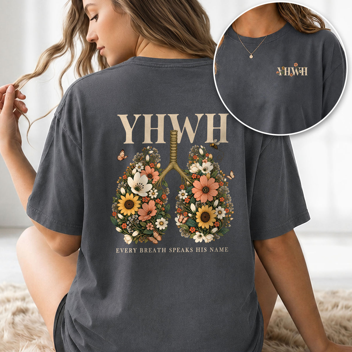 Holy Christian YHWH Floral Lungs Aesthetic Women Graphic Tee Shirt Vintage Cotton - Rust Field Wear