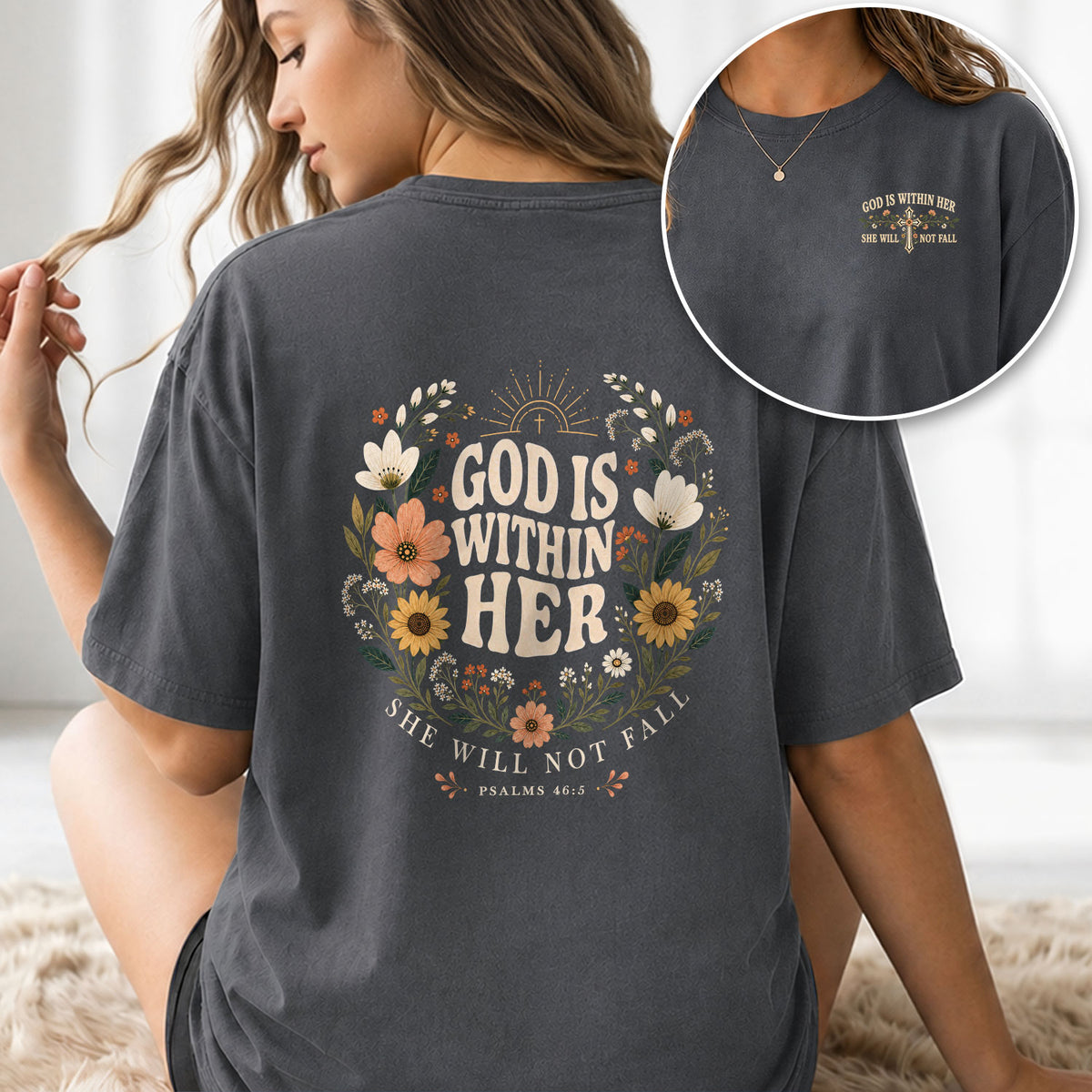 Inspirational Christian Scripture Floral Aesthetic Women Graphic Tee Shirt Retro Cotton - Rust Field Wear
