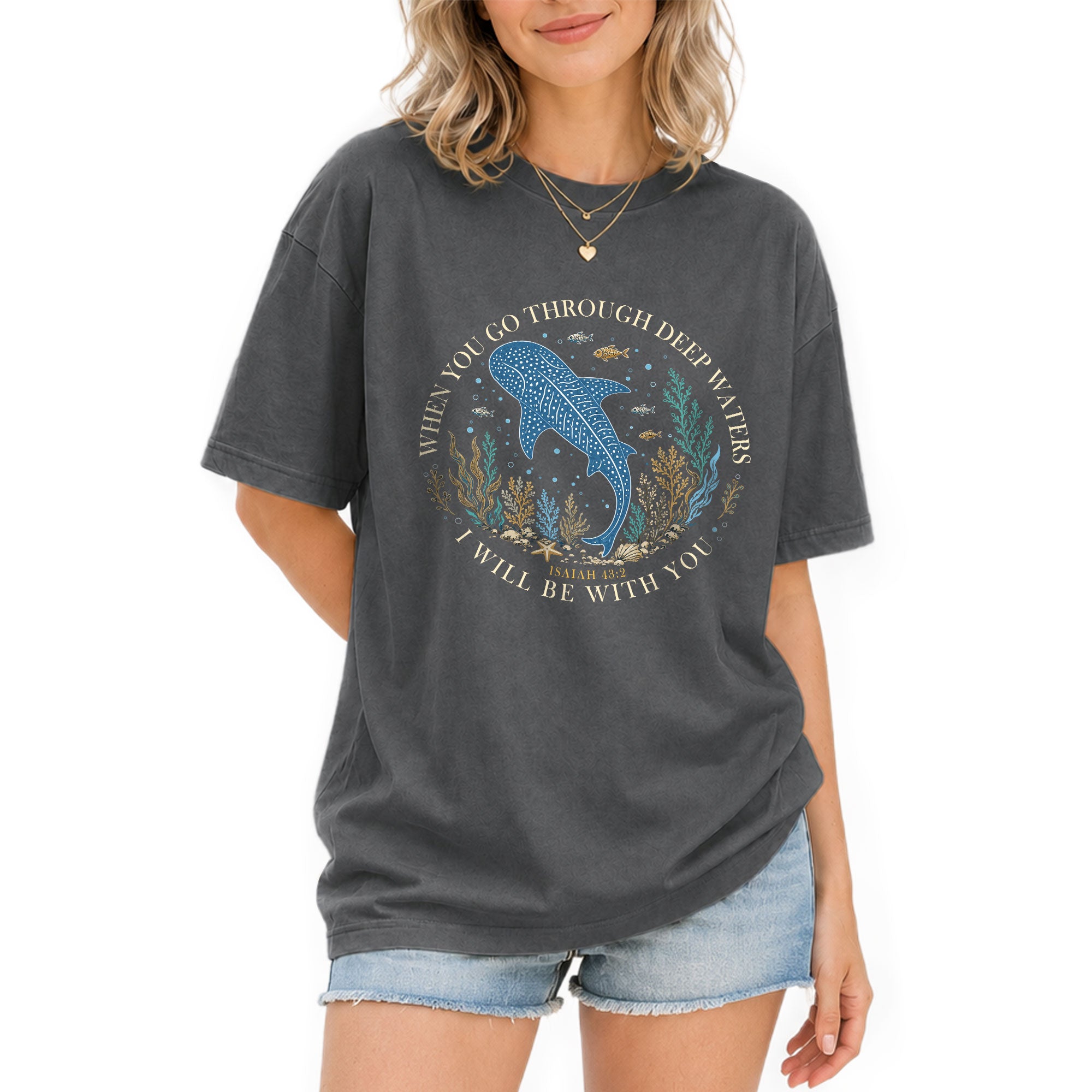 When You Go Through Deep Waters T-Shirt Women Christian Isaiah 43 2 Whale Shark Graphic