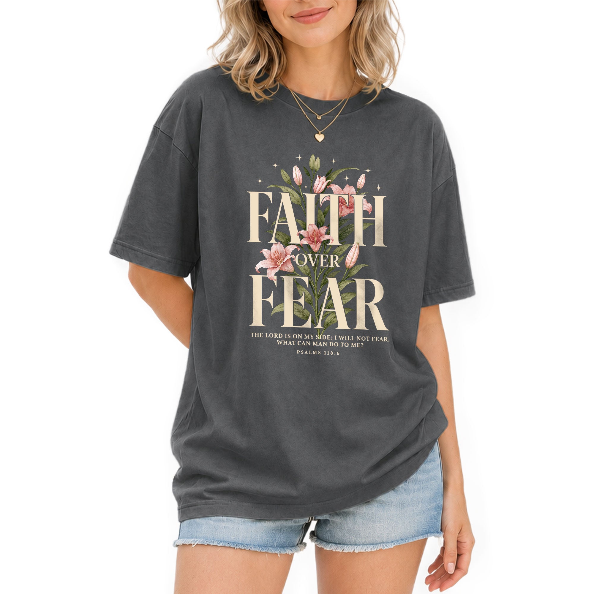 Faith Over Fear Psalms Scripture Lily Floral Blue Christian Tee For Women Apparel