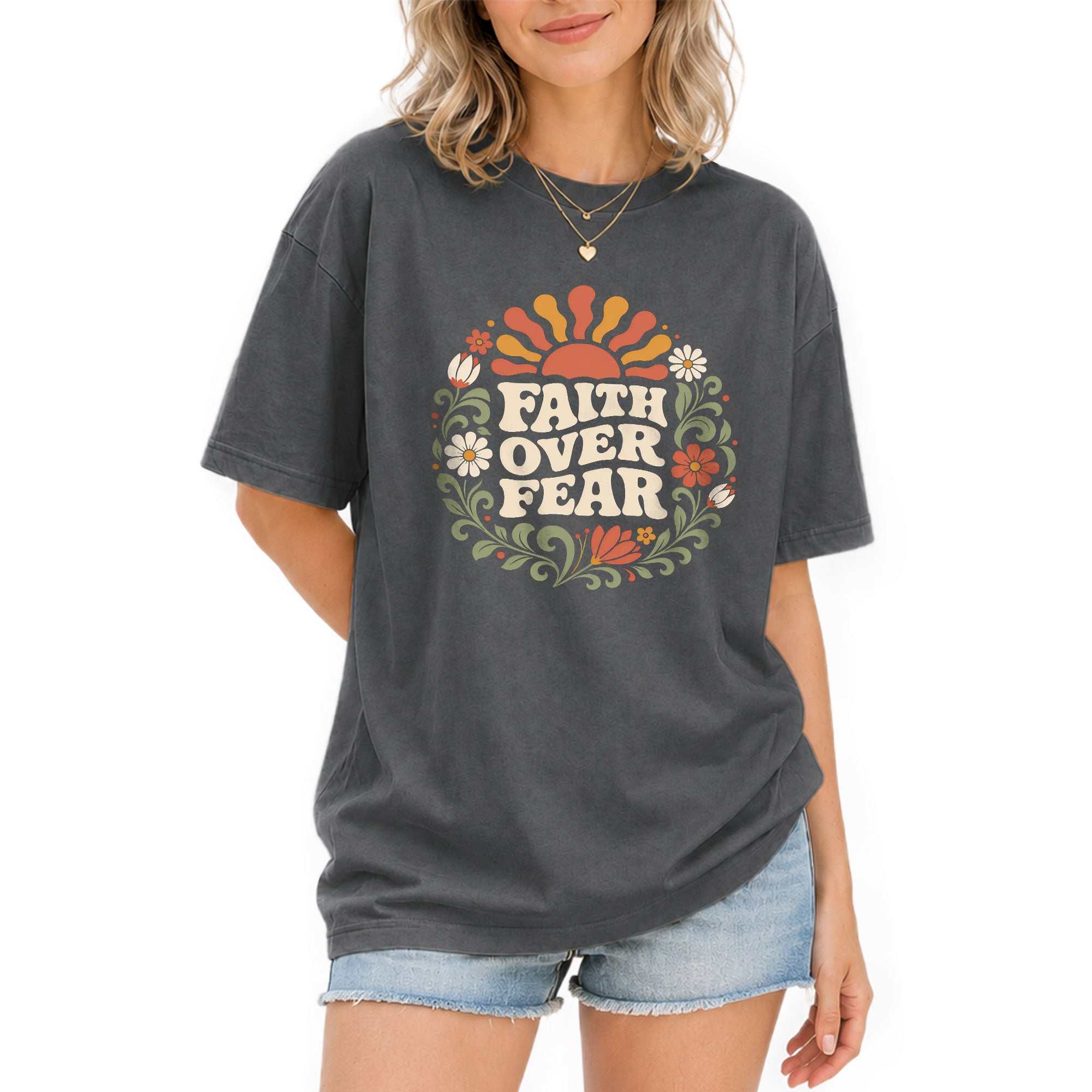Faith Over Fear Retro Floral Sun Blue Christian Tee For Women Daily Graphic Apparel