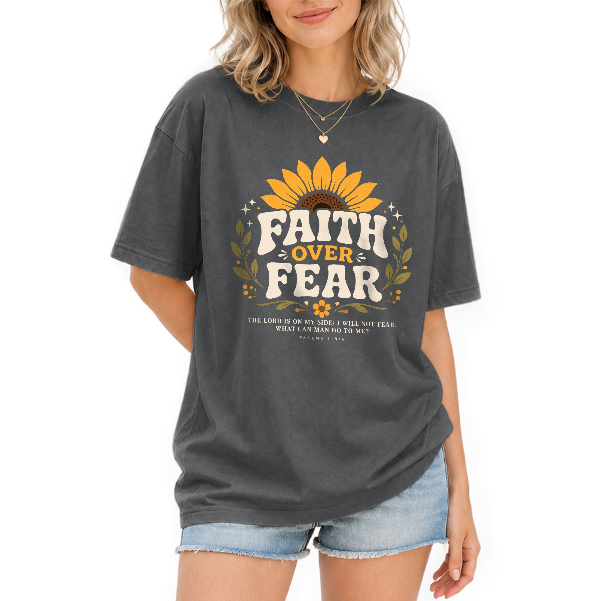 Faith Over Fear Sunflower Psalms Scripture Cute Blue Christian Tee For Women Apparel