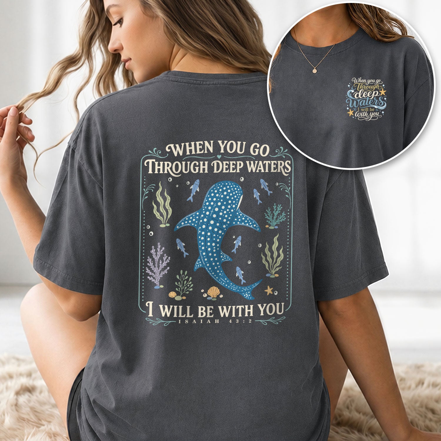 Deep Waters T-Shirt Women Isaiah 43 2 Whale Shark Ocean Bible Verse Christian Gift